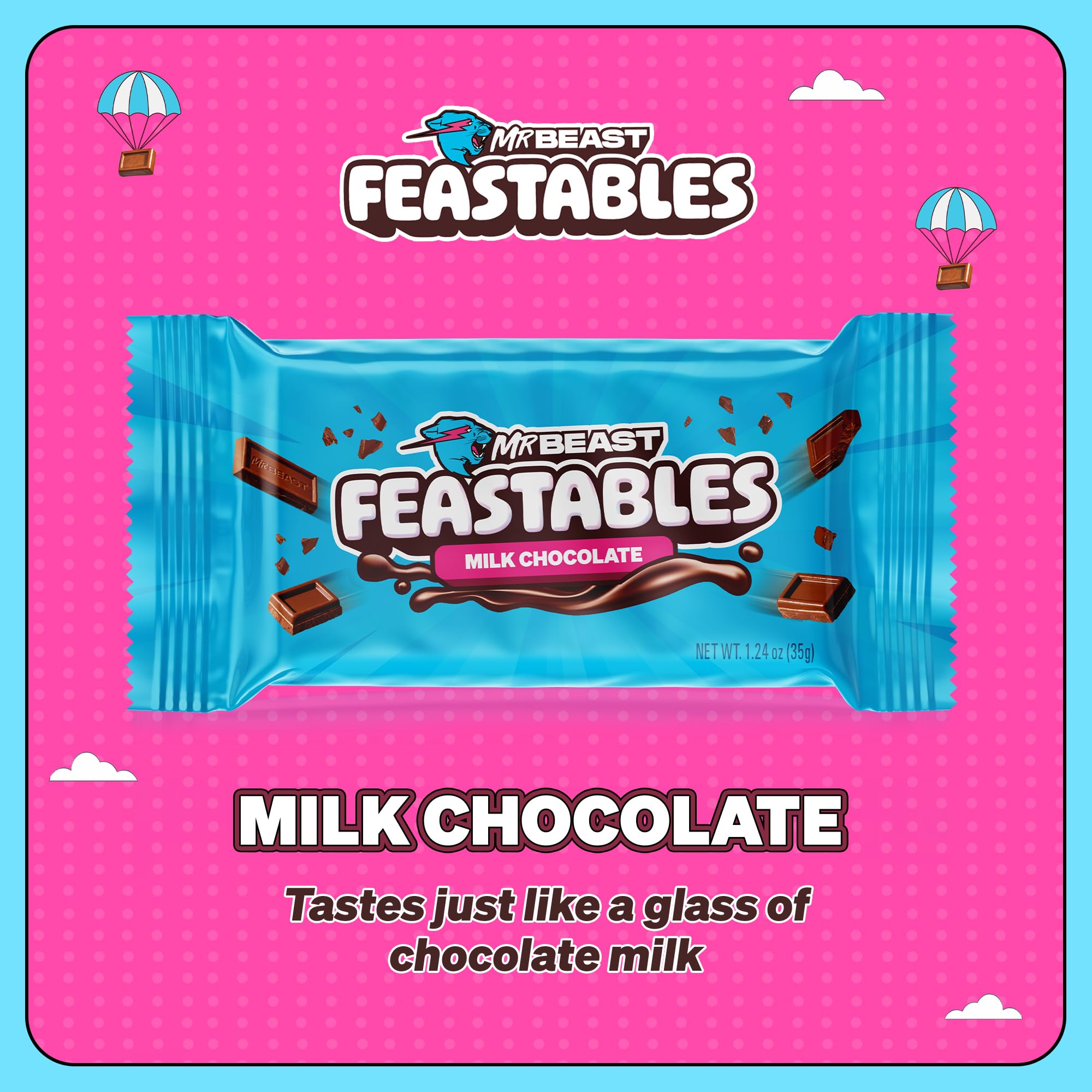 Feastables MrBeast Milk Chocolate Chocolate Bar, Full Size Bar for Adults & Kids, Candy Bars, Snacks, Gifts, or Dessert, Sweet & Creamy Fairtrade Cocoa, 1.24 Oz Each, 24 Count