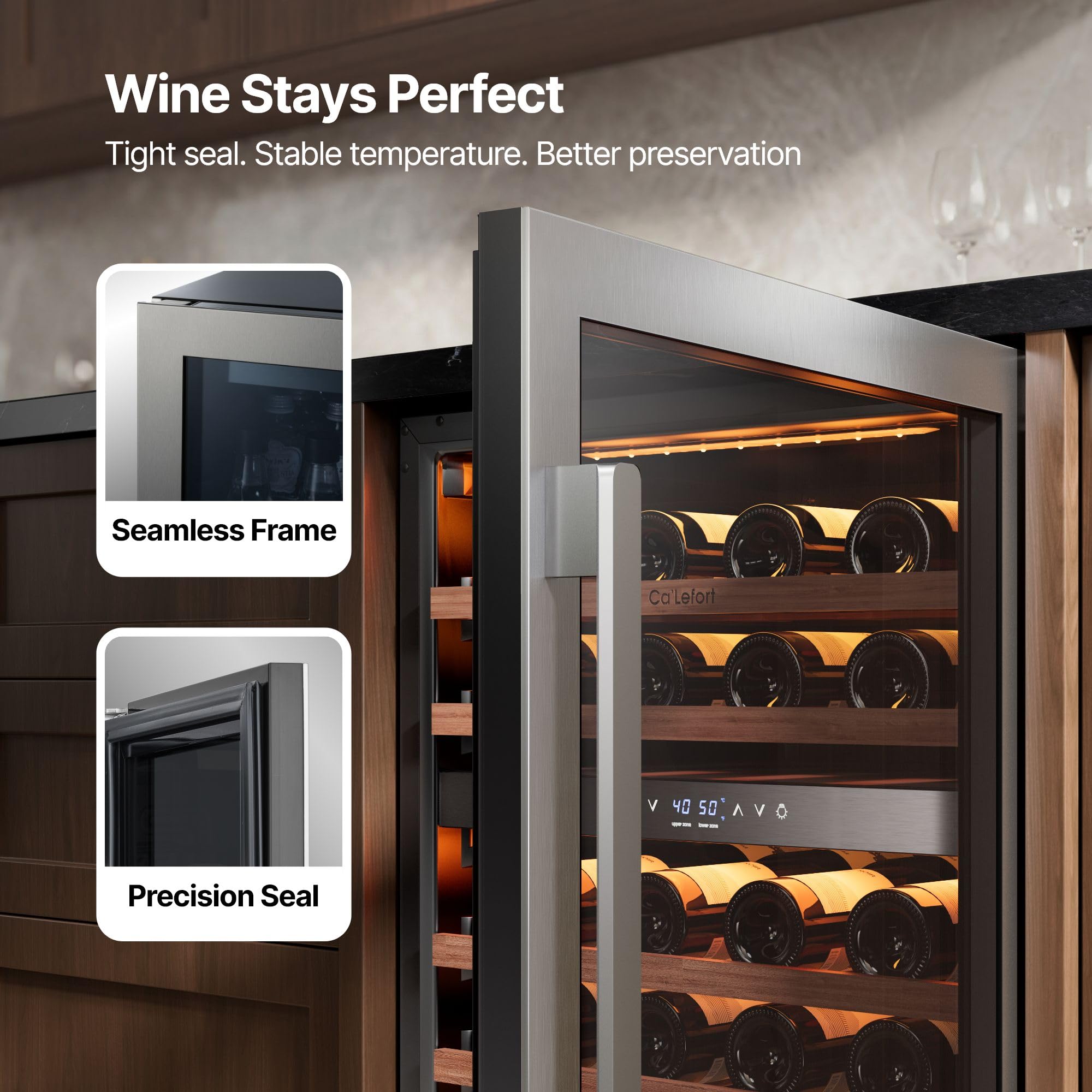 Ca'Lefort 15 Inch Wine Fridge, 33 Bottle Wine Cooler Refrigerator, 40-65°F Wine Refrigerator Glass Door, 3 LED Wine Fridge, Built-in or Freestanding Fridge for Home/Bar/Kitchen (3.0 cu.ft)