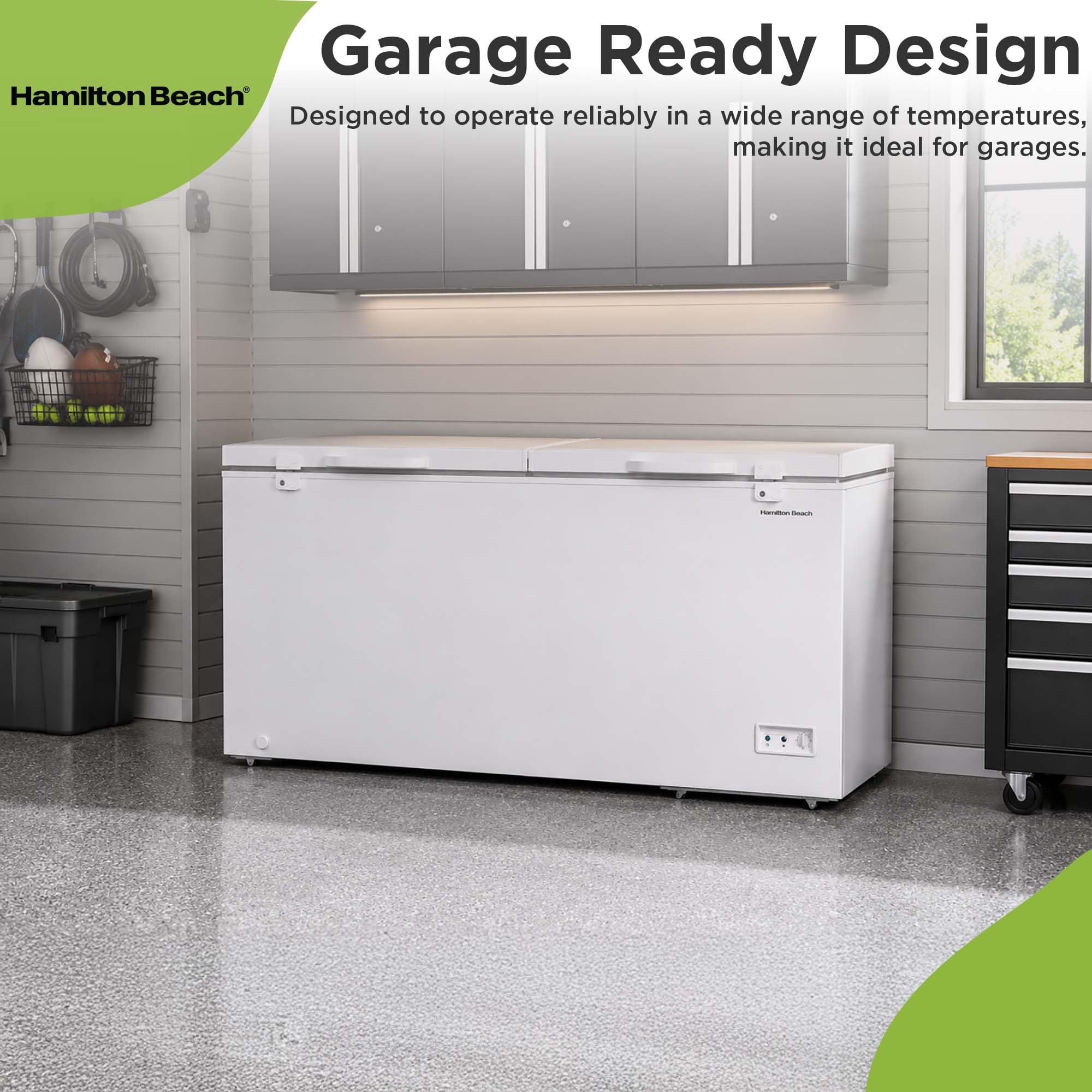 Hamilton Beach HBFRF2129 21 cu ft Double Door LID Garage-Ready Chest Freezer-White, Vinyl-Coated Baskets, Space-Saving Flat Back, Stay-Open, Front-Access Drain, for Storage, Hunting, Large Family