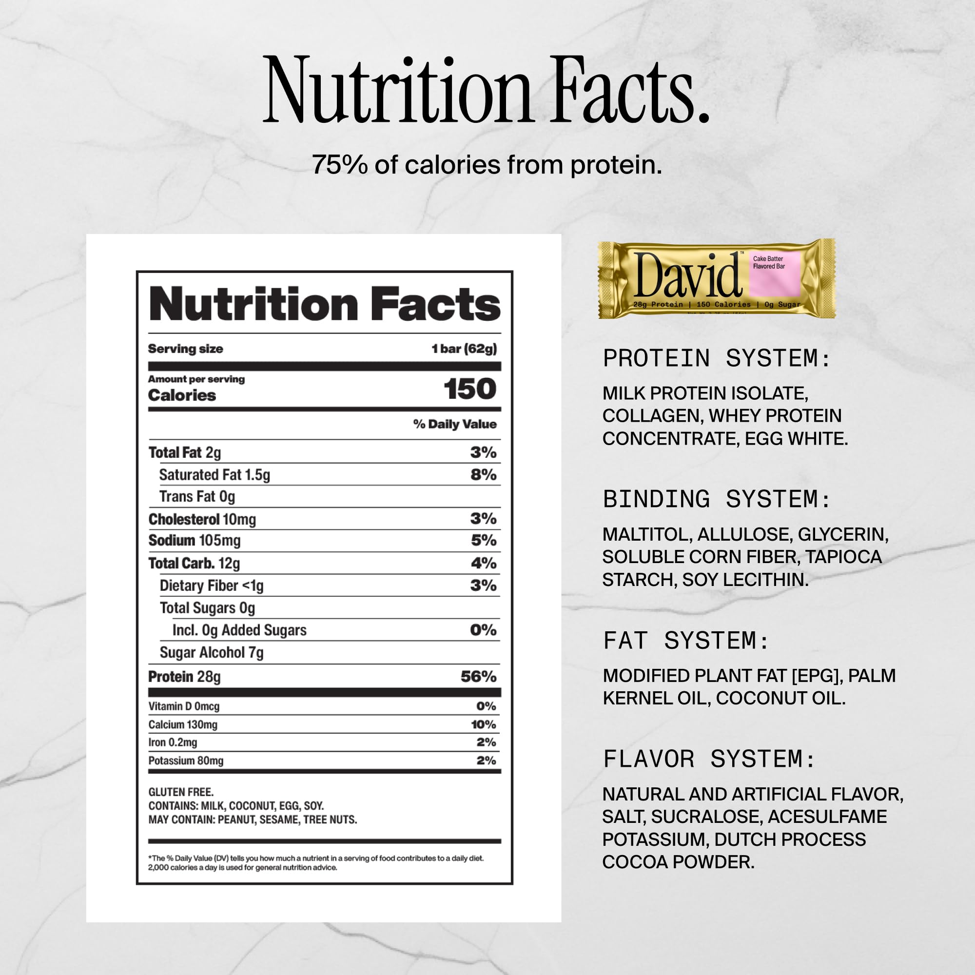 David High Protein Bars No Sugar - Sugar Free Protein Bars, Low Carb, Gluten Free - 28g of Protein, 150 Calories - David Bar On-The-Go Snack - Peanut Butter Chocolate Chunk Flavor, Pack of 12