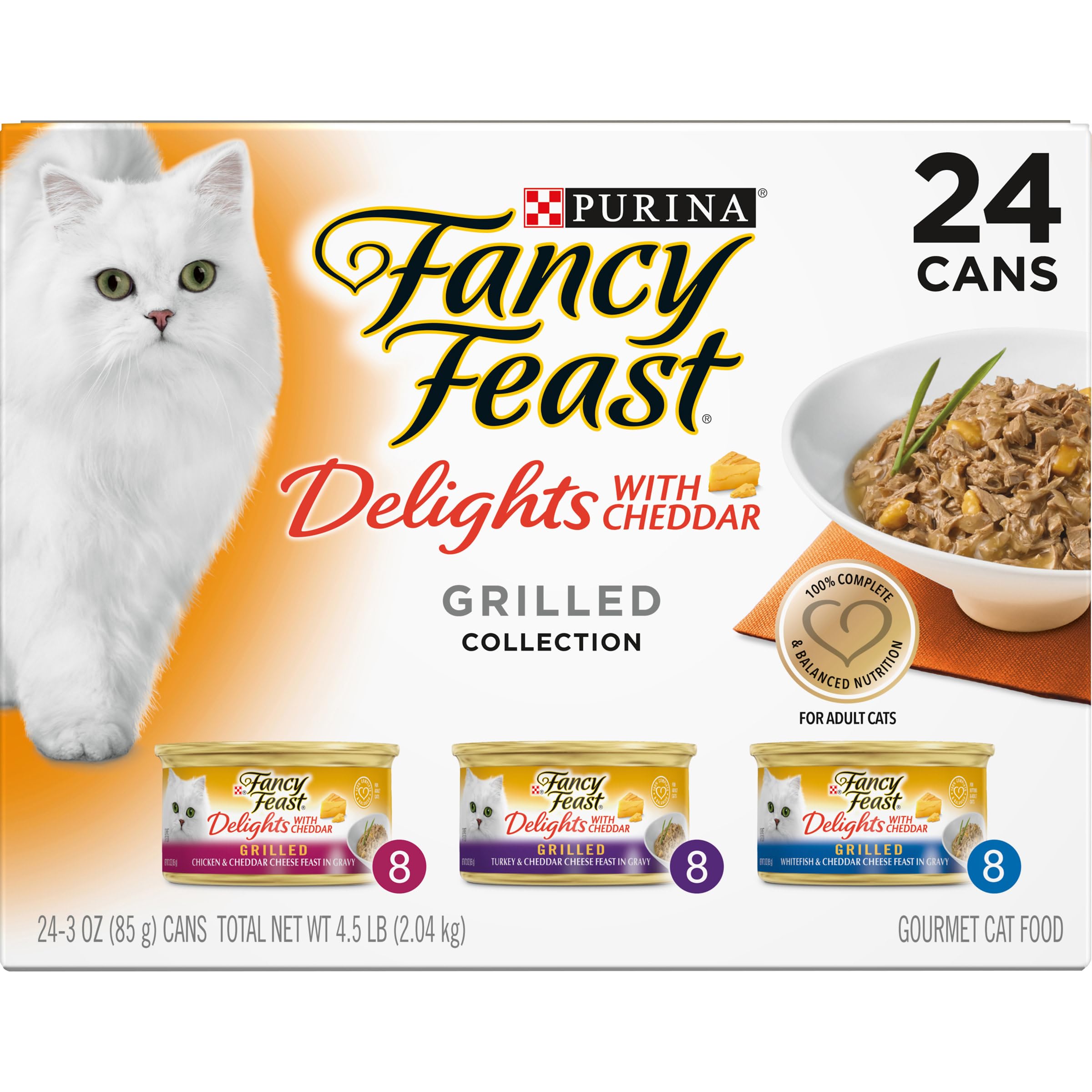 Purina Fancy Feast Delights with Cheddar Grilled Chicken, Turkey or Whitefish and Cheddar Cheese Feast in Gravy Wet Cat Food Variety Pack - (Pack of 24) 3 oz. Cans