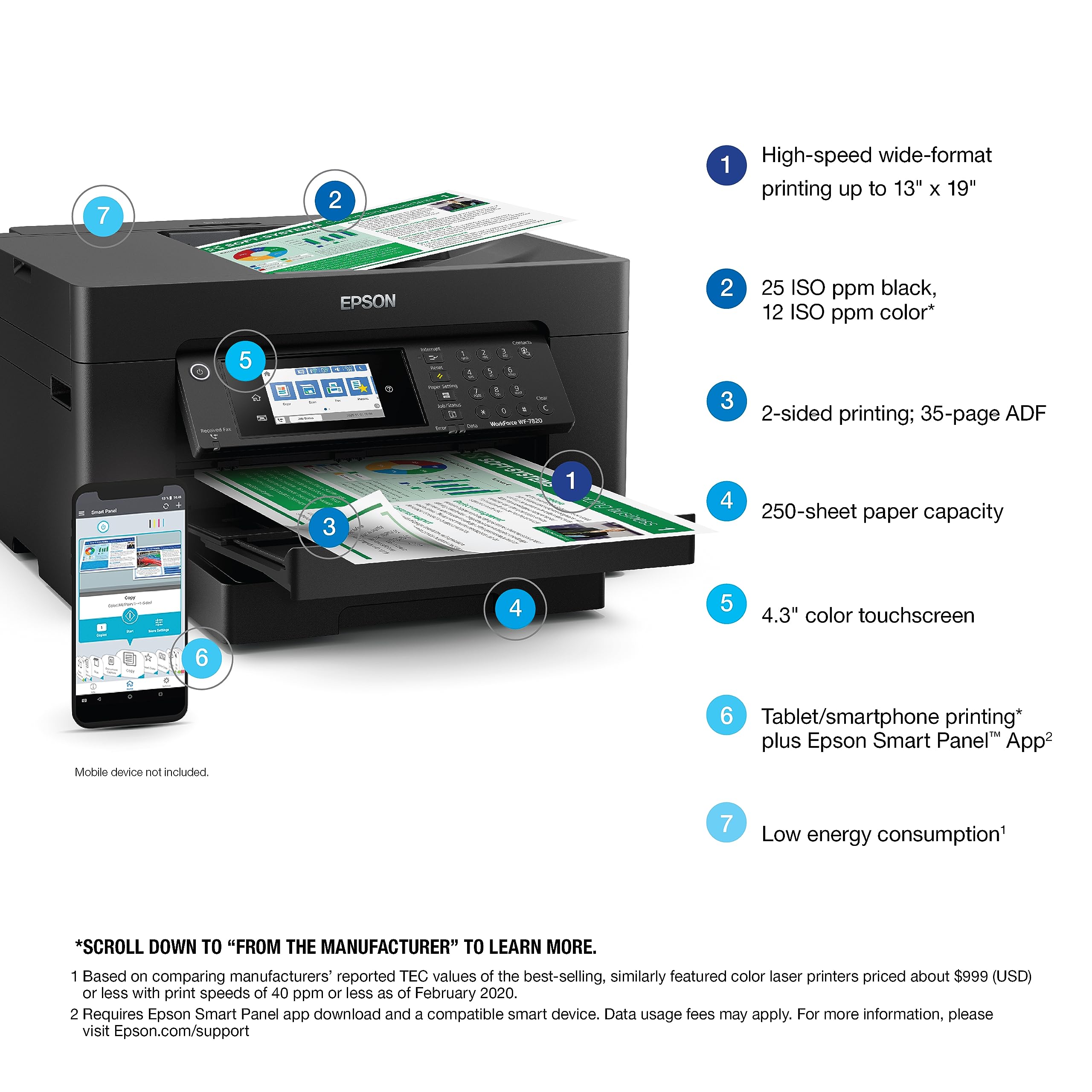 Epson Workforce Pro WF-7840 Wireless All-in-One Wide-Format Printer with Auto 2-Sided Print up to 13" x 19", Copy, Scan and Fax, 50-Page ADF, 500-sheet Paper Capacity, 4.3" Screen