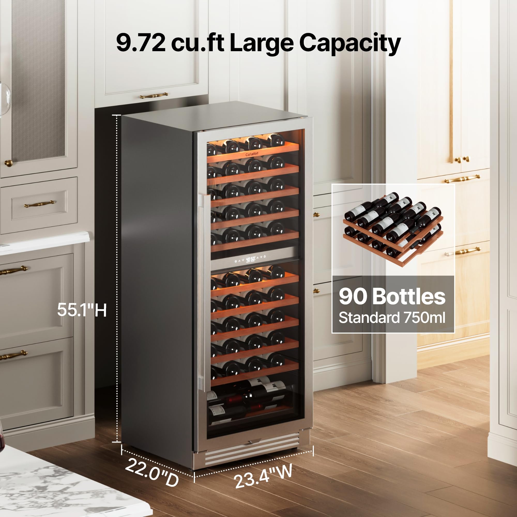 Ca'Lefort 15 Inch Wine Fridge, 33 Bottle Wine Cooler Refrigerator, 40-65°F Wine Refrigerator Glass Door, 3 LED Wine Fridge, Built-in or Freestanding Fridge for Home/Bar/Kitchen (3.0 cu.ft)
