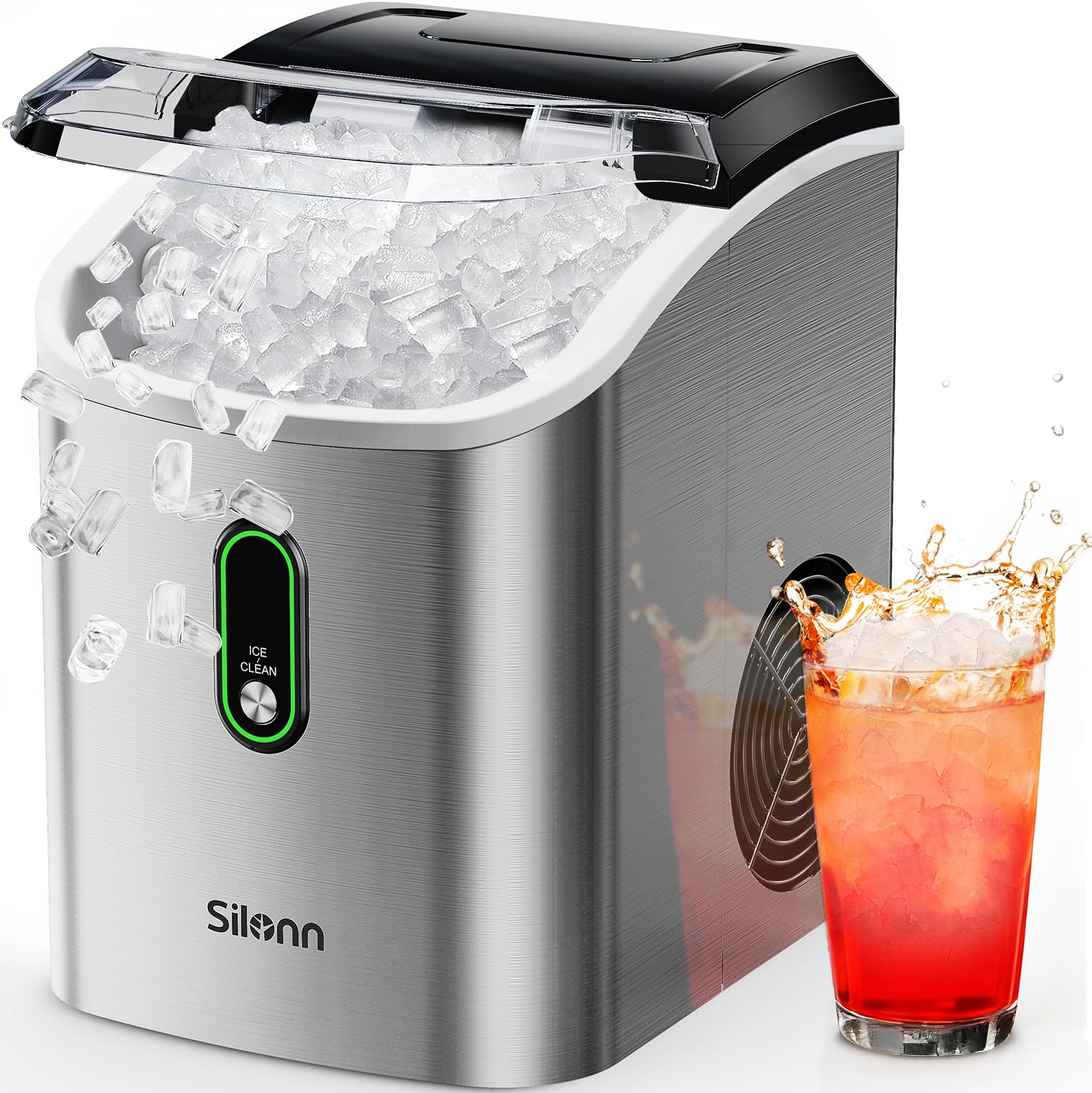 Nugget Ice Maker Countertop, Silonn Chewable Pellet Ice Machine with Self-Cleanin Function, 36lbs/24H Portable Ice Makers for Home Kitchen Officce, Black