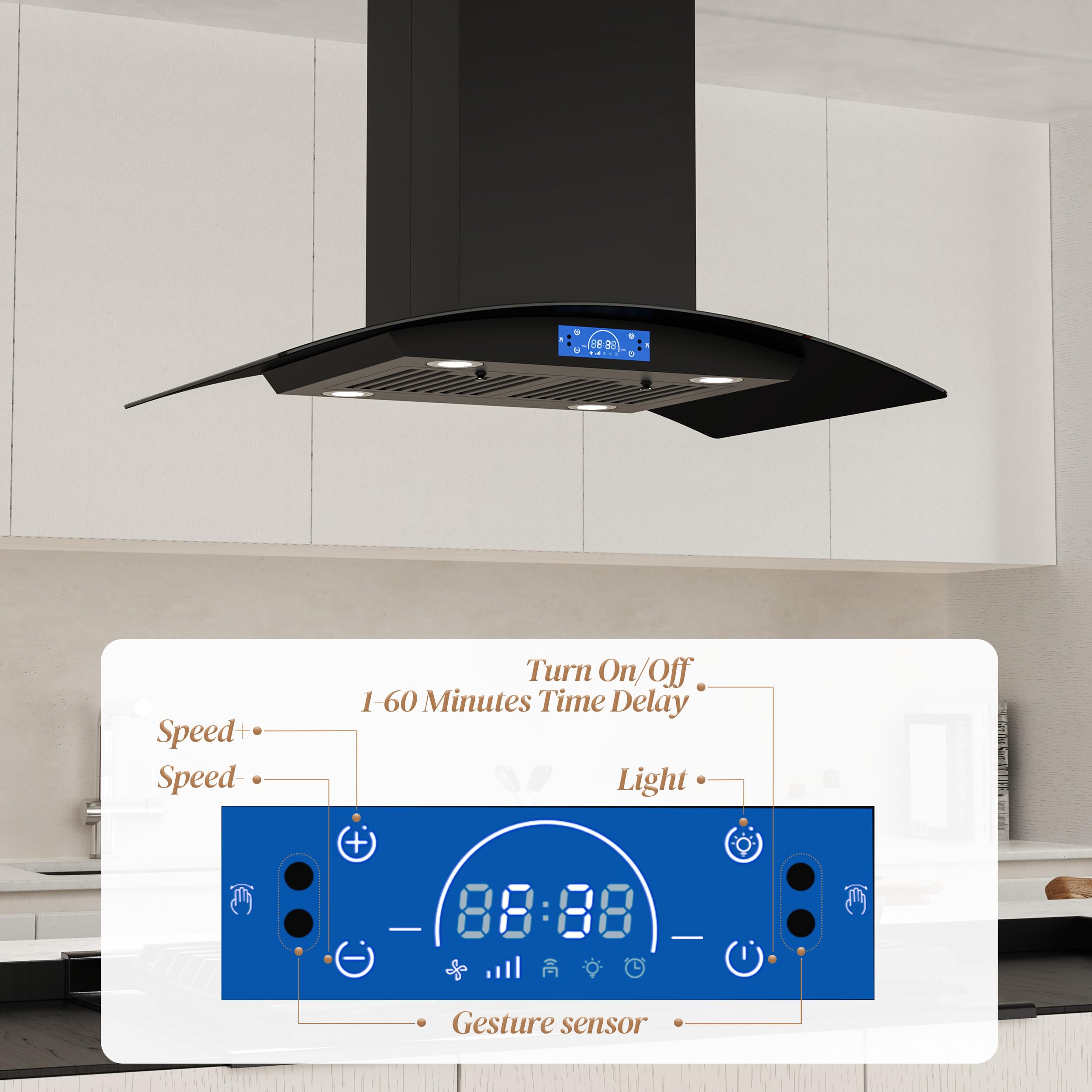 FIREGAS Island Range Hood 30 inch 700 CFM with Chimney, Ceiling Mount Kitchen Vent Hood with Tempered Glass, 4 LED Lights, Permanent Filters, Premium Touch Control Panel, Includes Charcoal Filter