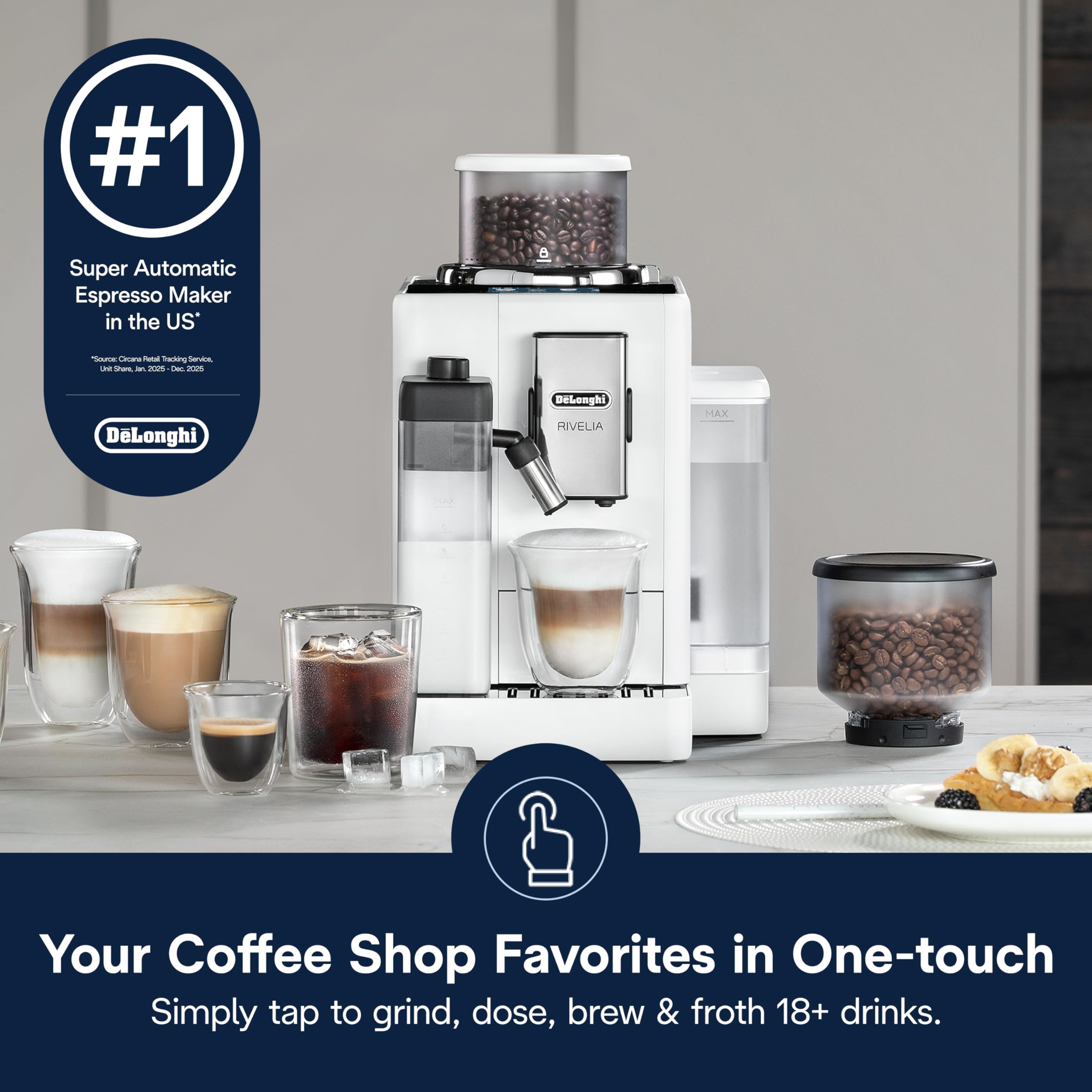 De'Longhi Rivelia Automatic Espresso Machine with Grinder & Milk Frother – All-in-One Coffee Maker, Hot & Iced Latte, Cappuccino, Bean Switch System, Burr Grinder, Compact Italian Design, Black