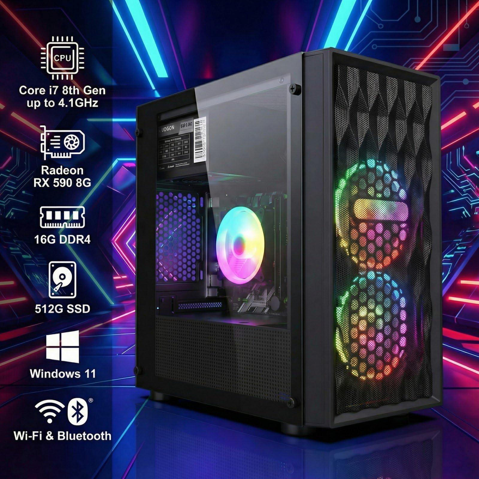 STGAubron Gaming PC Desktop Computer, Intel Core i7 up to 3.9GHz, Radeon RX 580 8G, 16G RAM, 512G SSD, WiFi 6, BT 5.0, RGB Fan x4, Windows 11 Home
