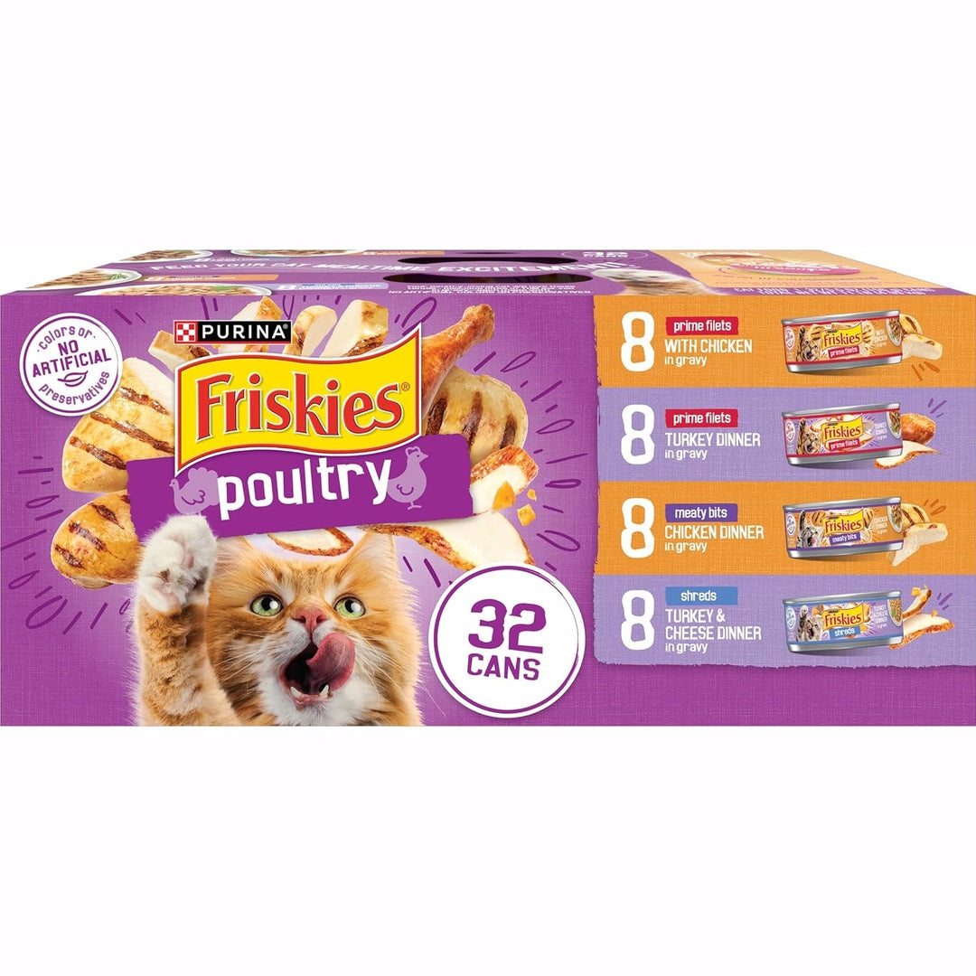 Purina Friskies Gravy Wet Cat Food Variety Pack, Poultry Shreds, Meaty Bits and Prime Filets - (Pack of 32) 5.5 oz. Cans