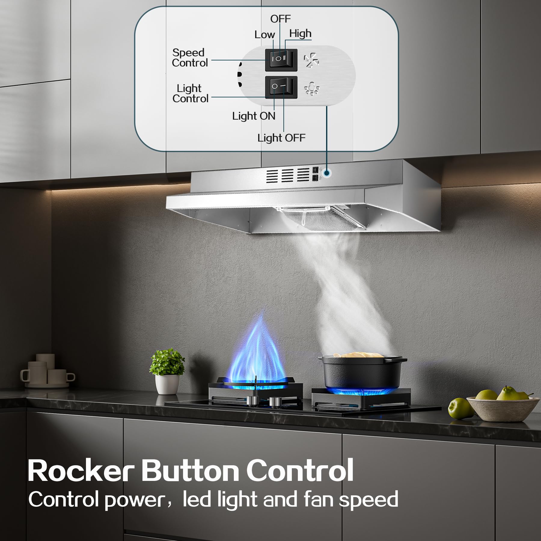 Range Hood 30 inch Under Cabinet, Stainless Steel Kitchen Vent Hood 280CFM, Built-in Kitchen Stove Hood w/Rocker Button Control, Ducted/Ductless Convertible Duct, 2 Speeds Fan, Bright LED Light