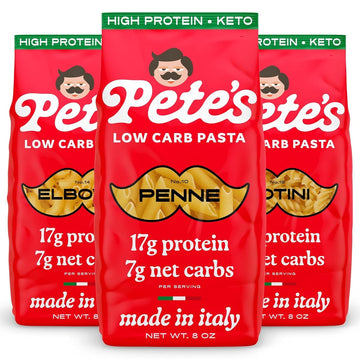 High Protein, Low Carb Pasta Variety | Penne, Rotini, Elbow Macaroni with 17g Protein, 7g Carbs | Healthy, Keto Pasta Made in Italy | 3-Pack, 8oz - Pete’s Pasta