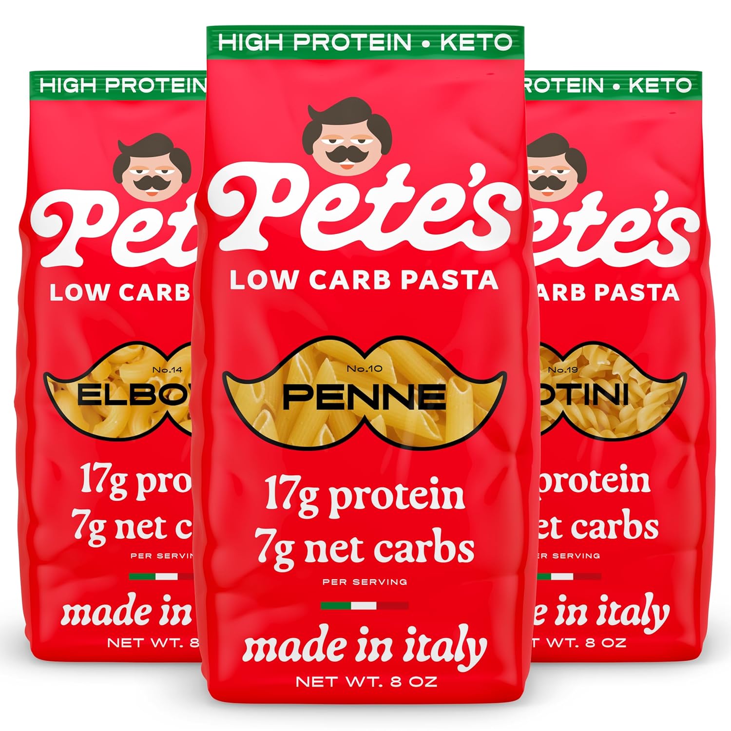 High Protein, Low Carb Pasta Variety | Penne, Rotini, Elbow Macaroni with 17g Protein, 7g Carbs | Healthy, Keto Pasta Made in Italy | 3-Pack, 8oz - Pete’s Pasta
