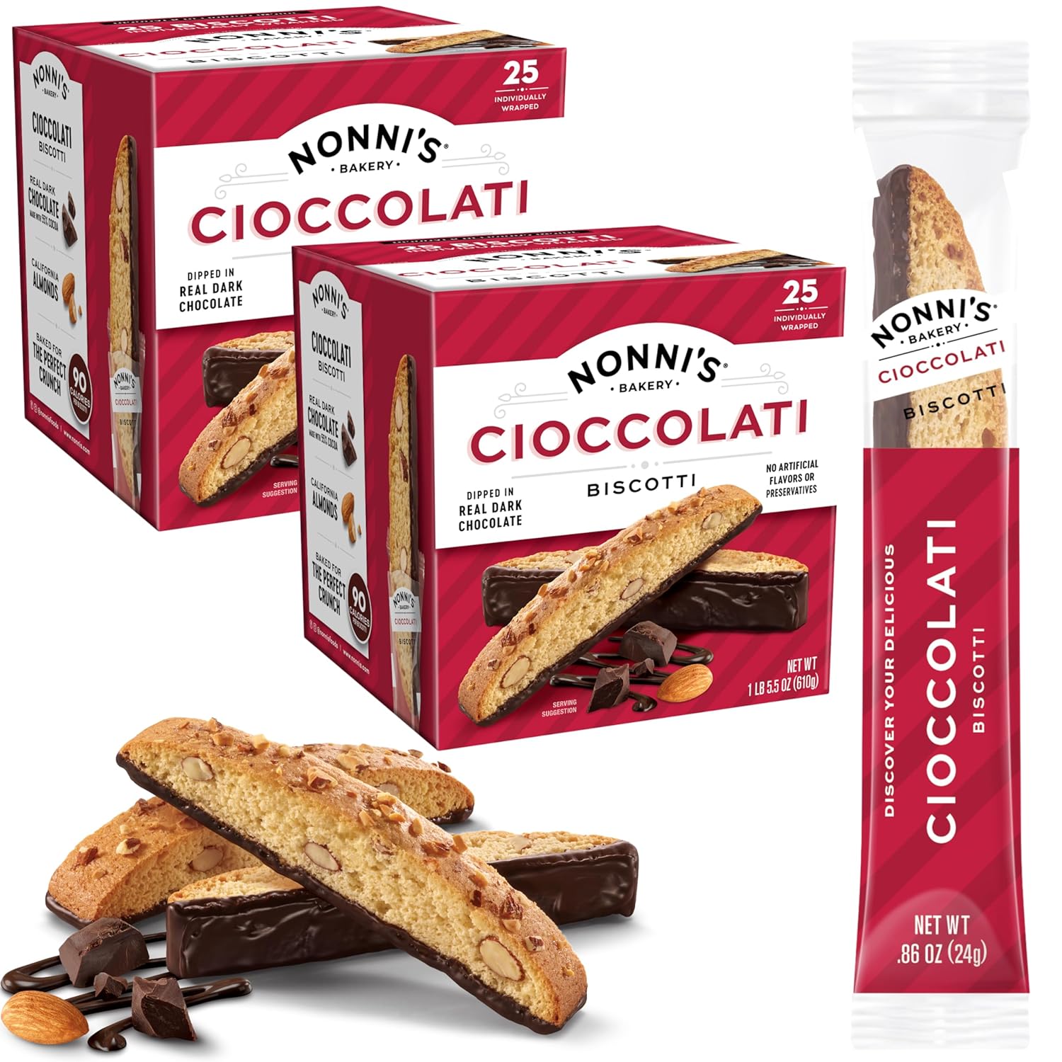 Nonni's Cioccolati Dark Chocolate Almond Biscotti Cookies – Individually Wrapped Italian Coffee Snack, Crunchy Twice-Baked, 21.5 oz Carton