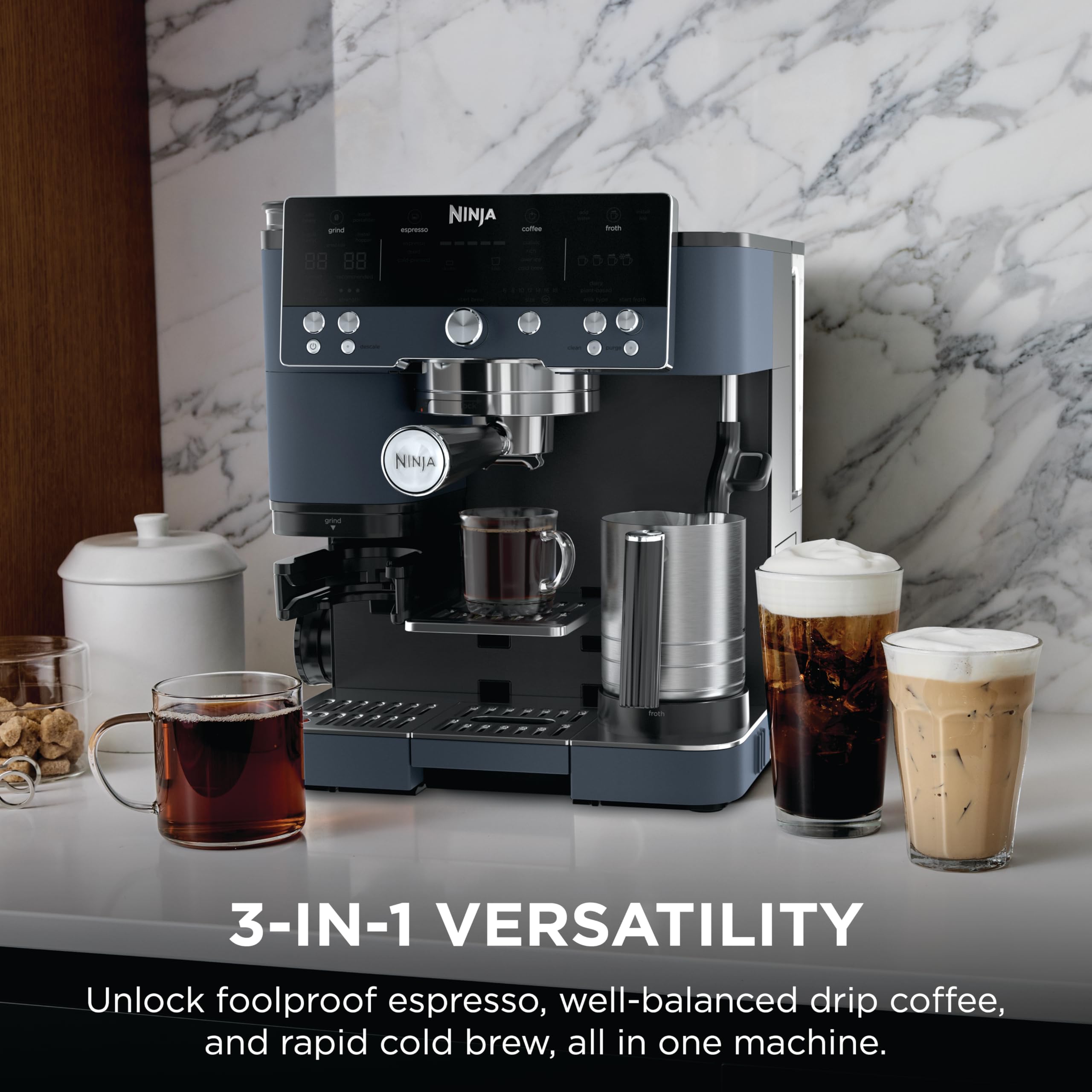 Ninja Luxe Café Premier 3-in-1 Espresso Machine, Drip Coffee, & Rapid Cold Brew | Built-in Coffee Grinder, Hands-Free Milk Frother, Assisted Tamper for Cappuccinos & Lattes | Stainless Steel | ES601