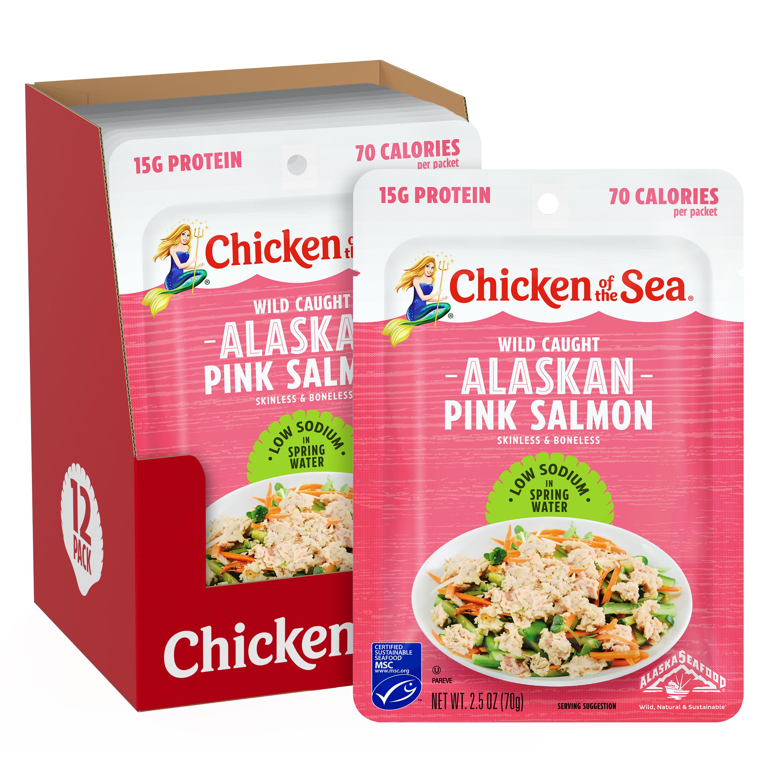 Chicken of the Sea Alaskan Pink Salmon in Spring Water, 2.5 Ounce Packets (Box of 12), Wild Caught, Skinless & Boneless
