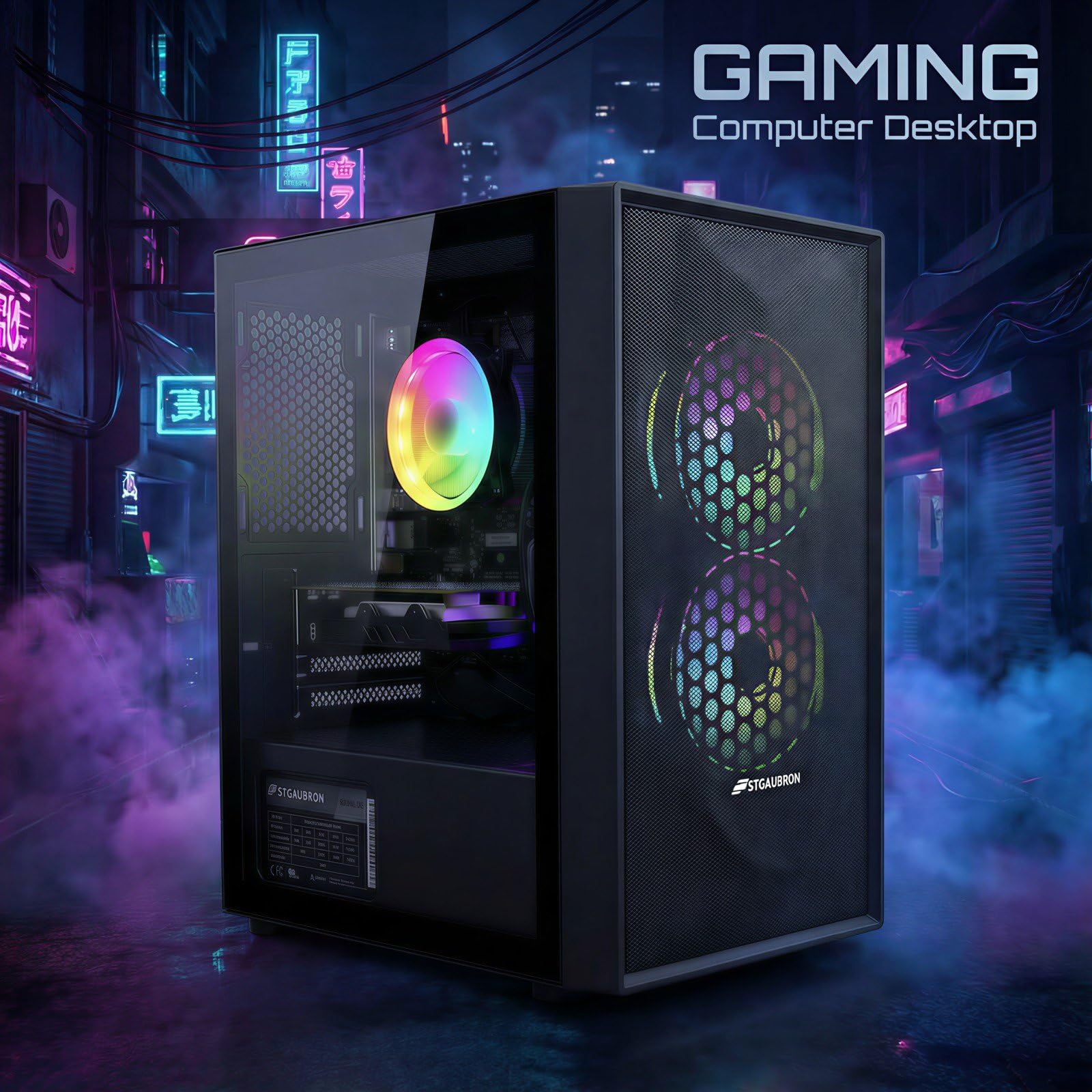 STGAubron Prebuilt Gaming PC Desktop, Radeon RX 550 4G, Intel Core i5 up to 3.6GHz, 16G RAM, 512G SSD, WiFi 6, BT 5.0, RGB Fan x2, Windows 11 Home