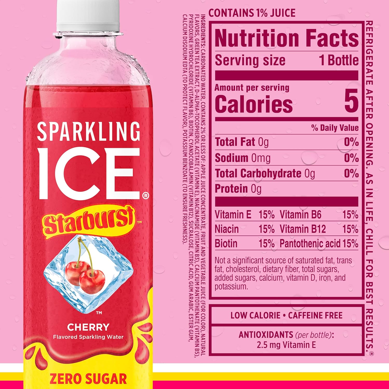 Sparkling Ice® STARBURST™ Variety Pack, Zero Sugar Flavored Sparkling Water, with Vitamins and Antioxidants, Low Calorie Beverage, 17 fl oz, 12 count (Strawberry, Cherry, Fruit Punch, Watermelon)