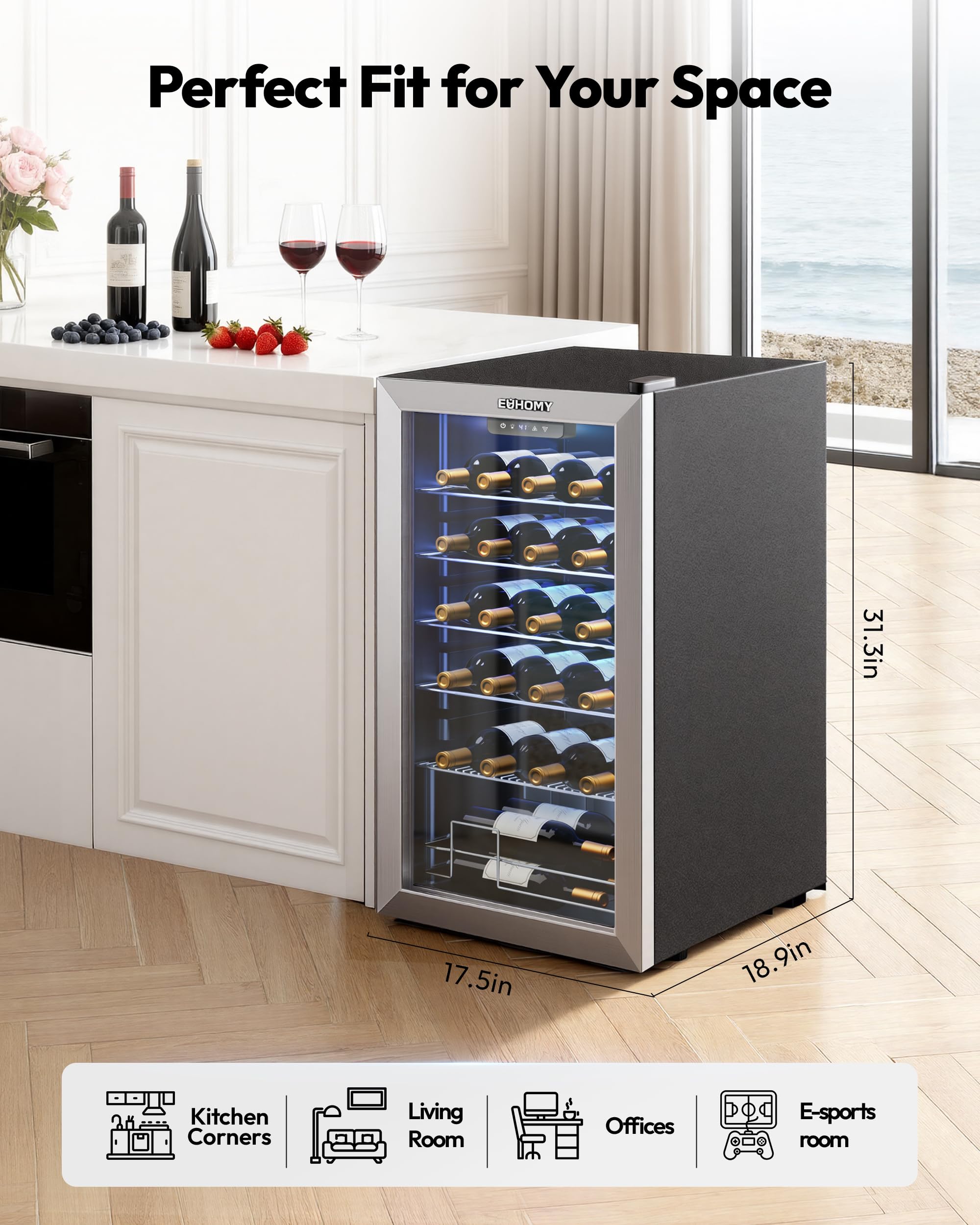 EUHOMY 25 bottle Wine Cooler Refrigerator, Freestanding Compressor Wine Fridge with Adjustable Temperature and Digital Control, Mini Fridge with Glass Door for Red White Wine, Beer, Black