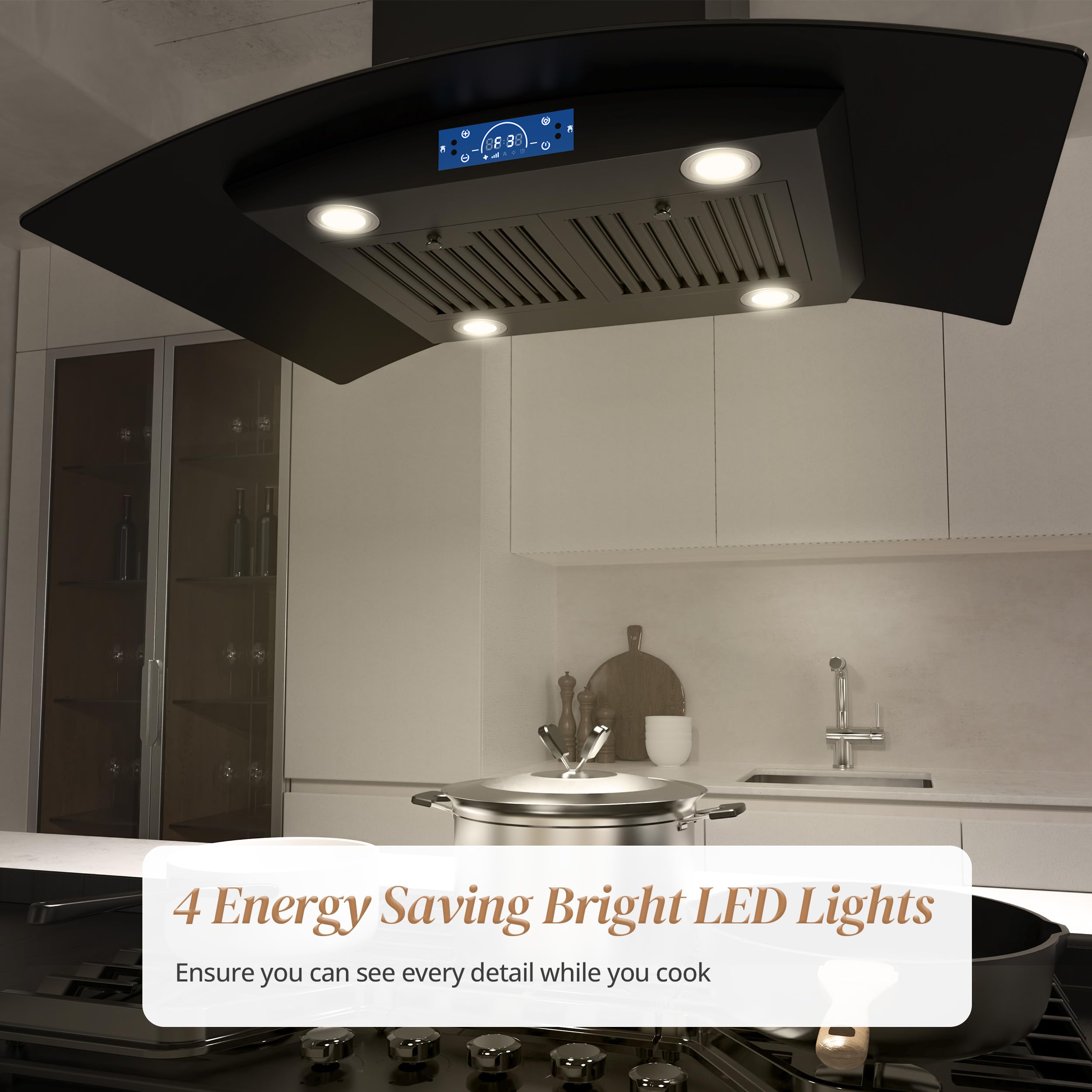 FIREGAS Island Range Hood 30 inch 700 CFM with Chimney, Ceiling Mount Kitchen Vent Hood with Tempered Glass, 4 LED Lights, Permanent Filters, Premium Touch Control Panel, Includes Charcoal Filter