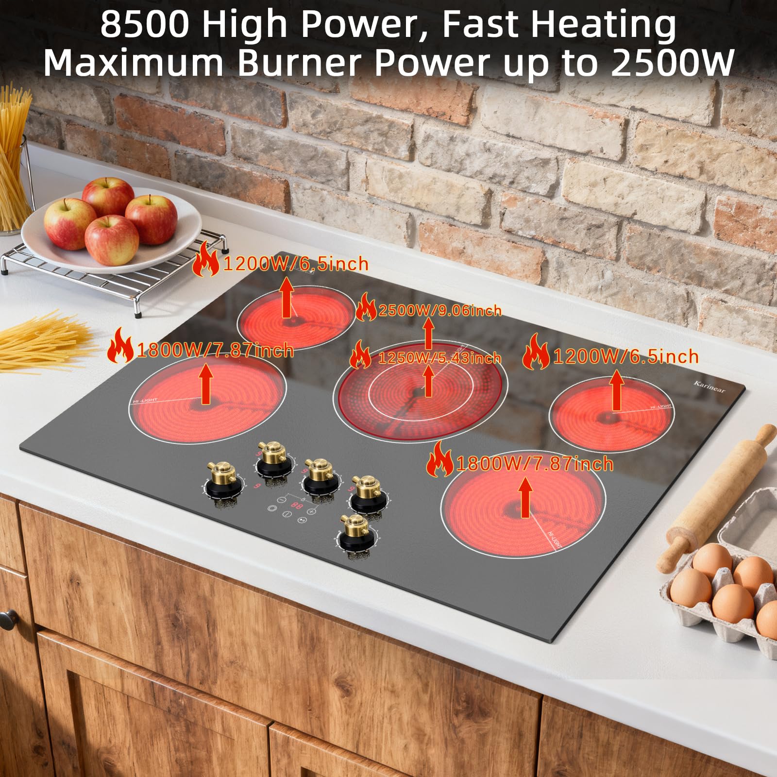 Karinear 30 Inch Electric Cooktop 4 Burners, Knob Control Built-in Ceramic Cooktop, 30" Radiant Electric Stove Top with Glass Protection Metal Frame,Fits Most Existing Cutouts, 220-240v, Hard Wire