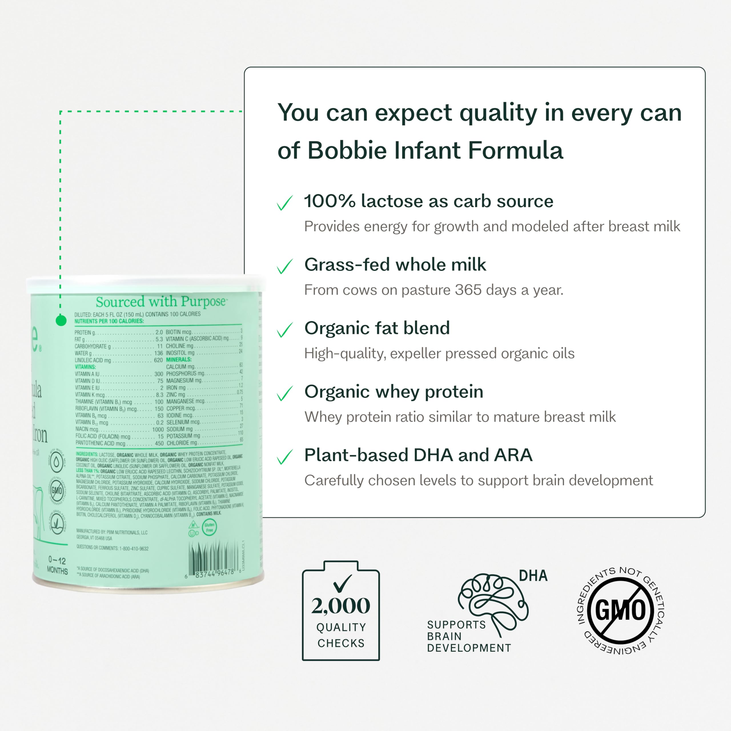 Bobbie Whole Milk, Grass Fed Baby Formula with Iron, Plant Based DHA and ARA, Vitamin D and Protein Blend Modeled After Breast Milk, For Newborn Baby to 12 Month Old, 14.1 oz
