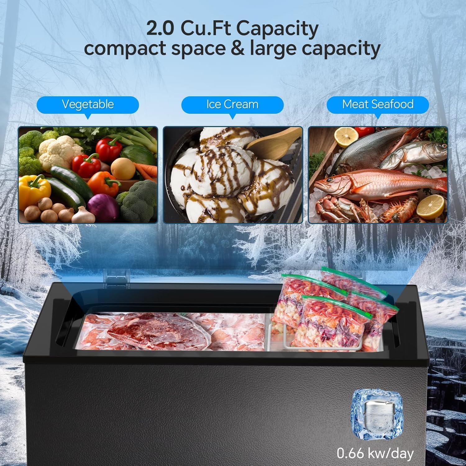 Kismile 2.8 Cubic Feet Chest Freezer with 2 Removable Basket Free Standing Top Open Door Compact Freezer with Adjustable Temperature for Home/Kitchen/Office/Bar