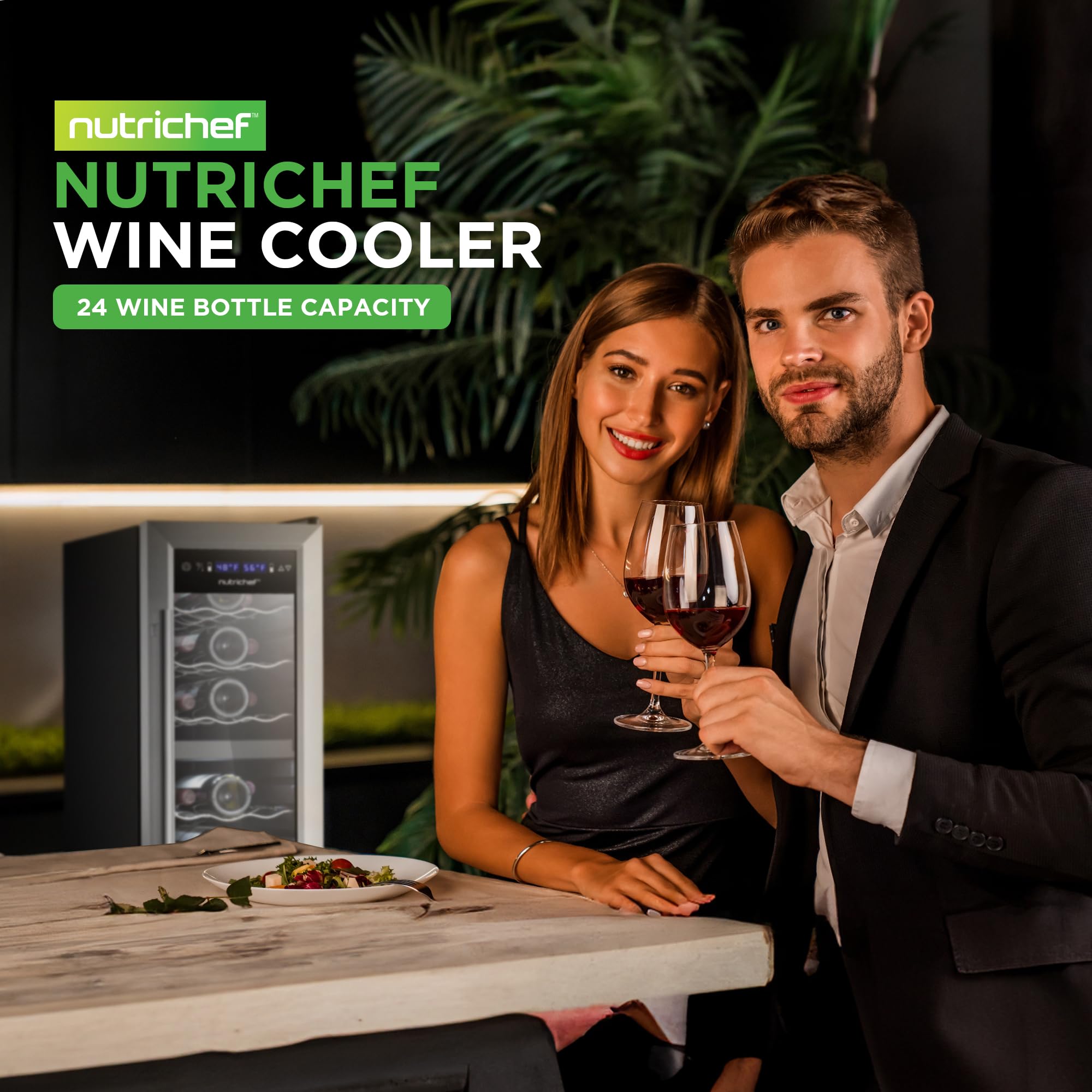 Nutrichef 12 Bottle Stainless Steel Slim Wine Fridge | Red & White Wine Chiller | Adjustable Temperature Control, Ultra Quiet Operation & Energy Efficient | Mini Wine Cooler Refrigerator | 31x10x17 IN