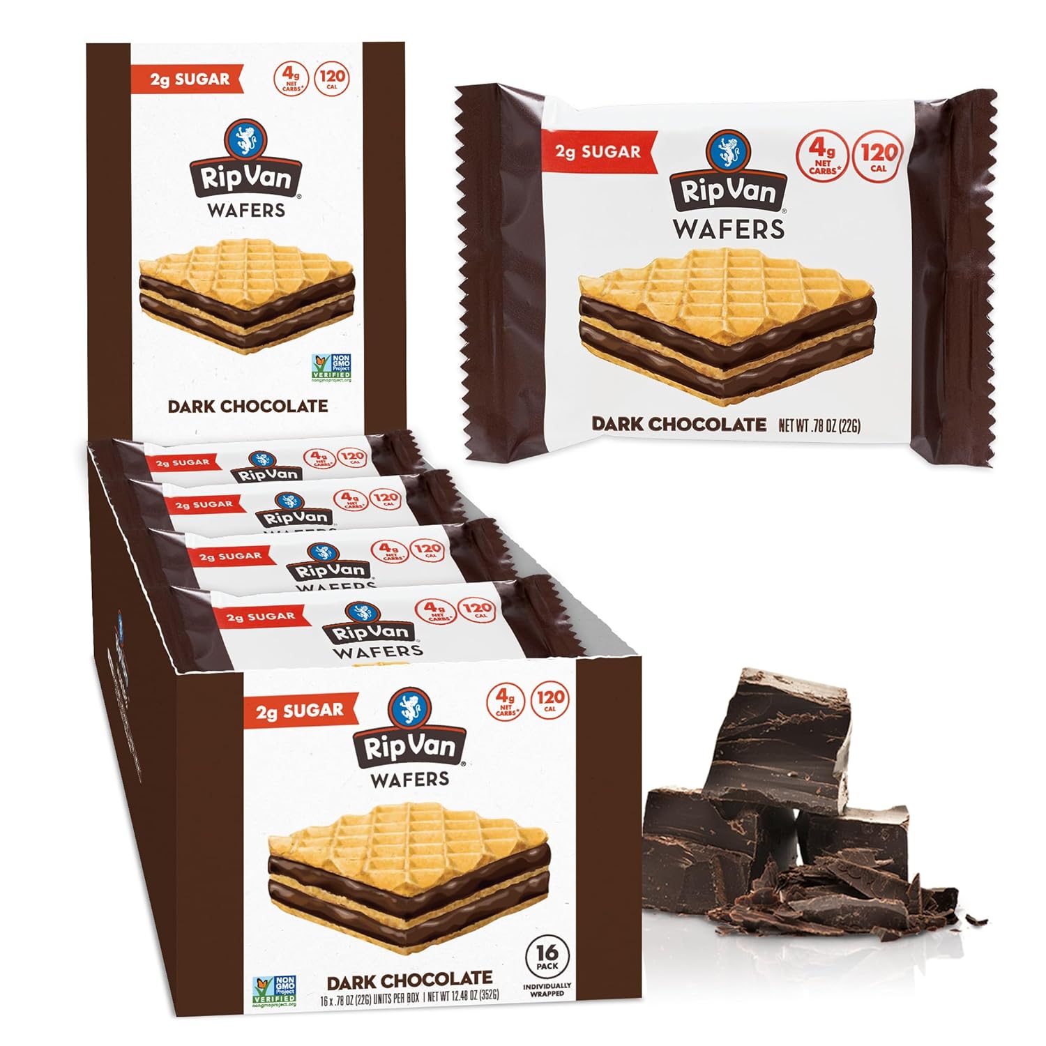 Rip Van Keto Wafer Cookies - Healthy Snacks - Non GMO Snack - Keto Snacks - Low Carb, Low Sugar (2g), Low Calorie and Vegan Snack - 16 Count (Dark Chocolate Peanut Butter)