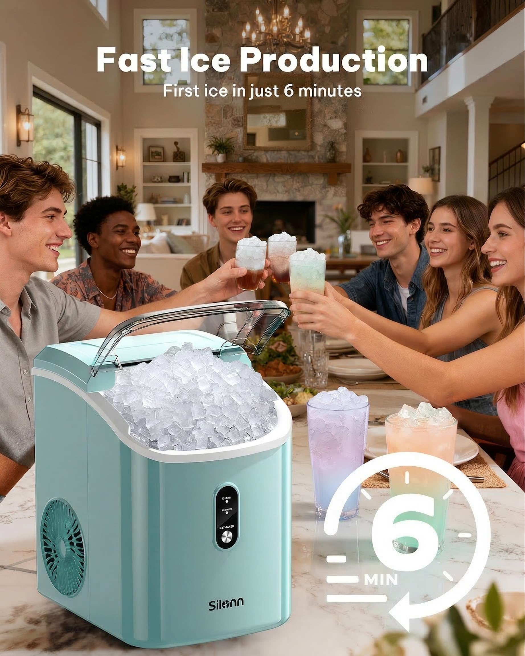 Nugget Ice Maker Countertop, Silonn Chewable Pellet Ice Machine with Self-Cleanin Function, 36lbs/24H Portable Ice Makers for Home Kitchen Officce, Black