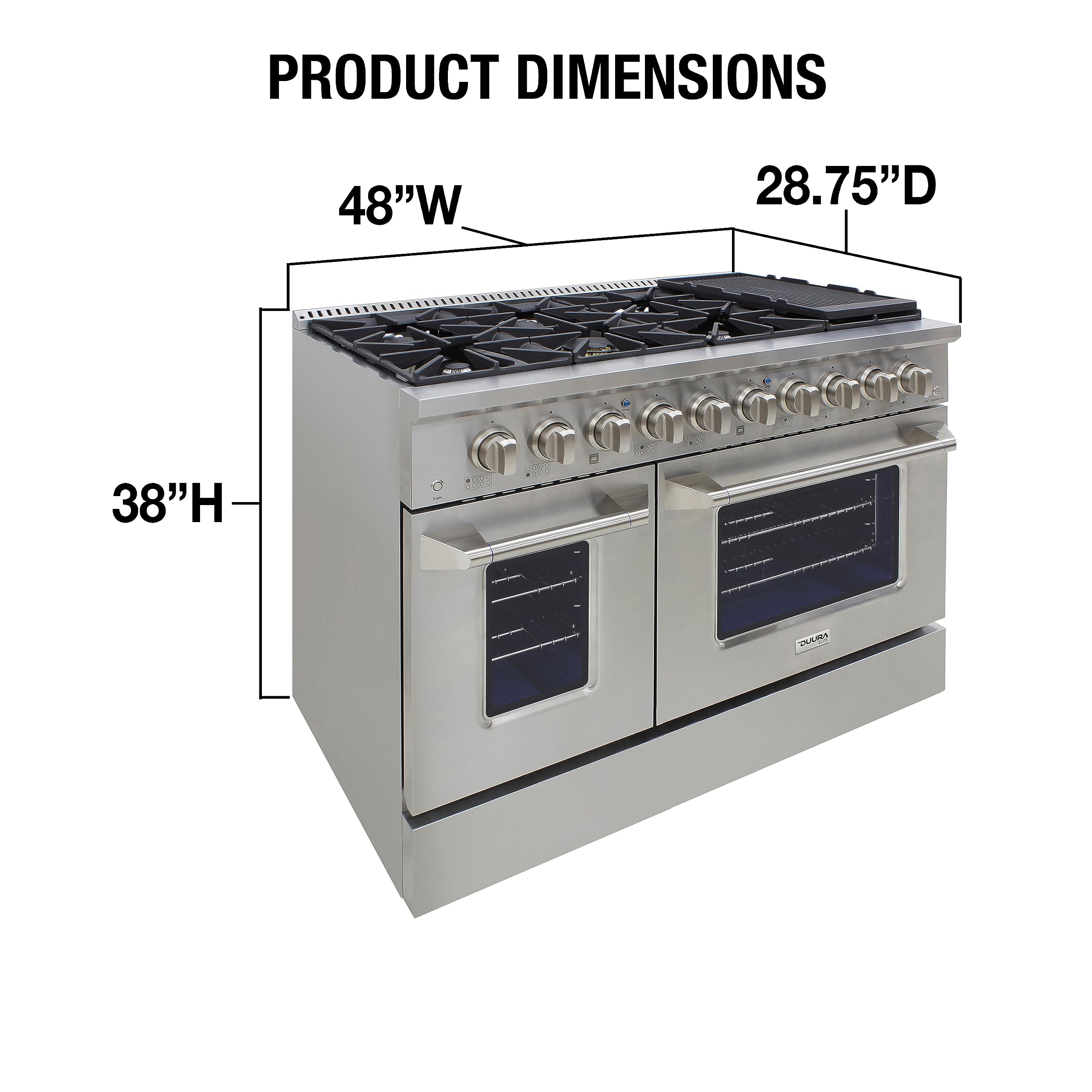DUURA Elite Gas Range Cooktop, 48-Inch with Double Porcelain Convection Oven and Broil Function, 8 Sealed Burners Continuous Grates with Stainless Steel Construction, 6.7-Cu.Ft, Metallic