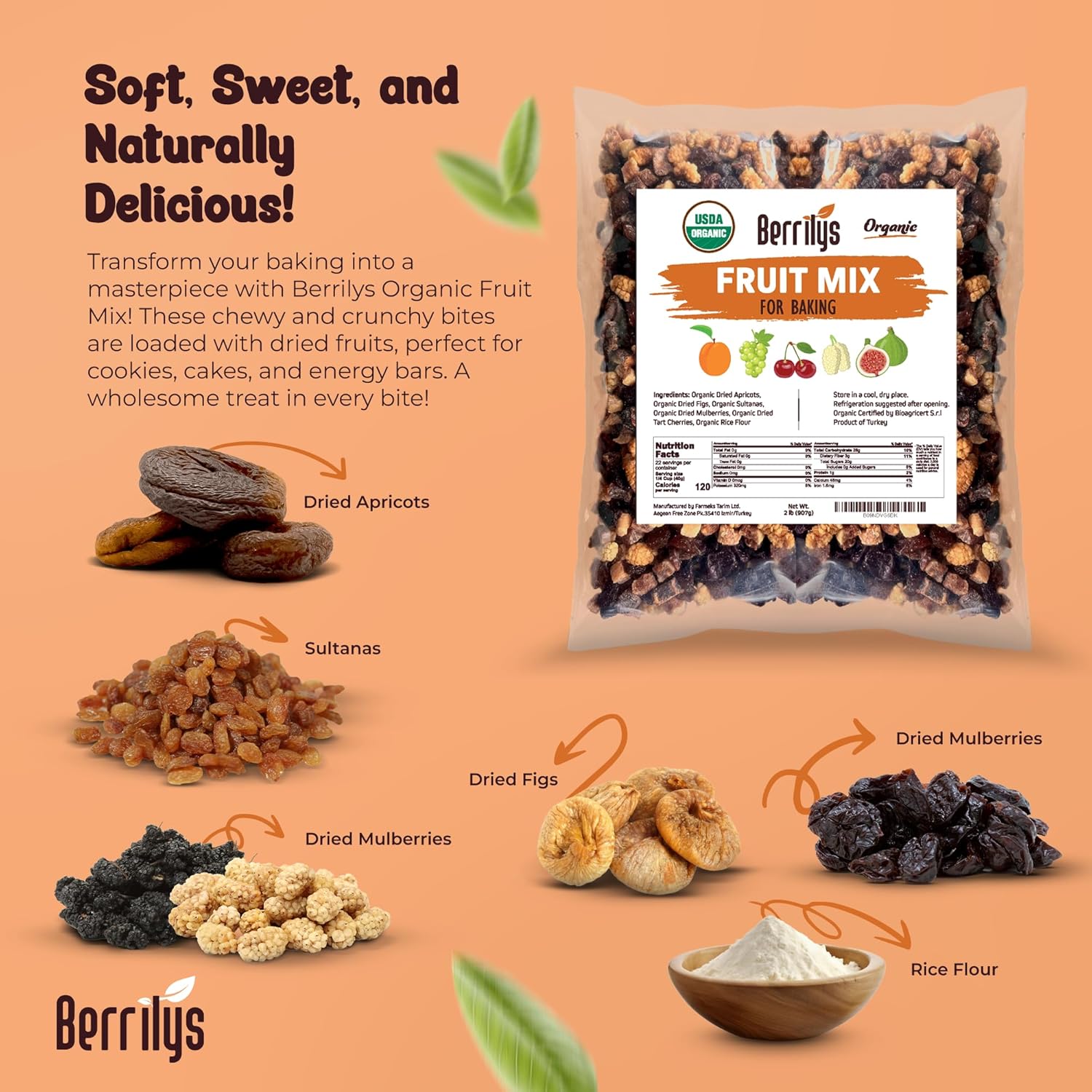 Berrilys Dried Fruit Mix, 2 Lbs, Organic, Diced Figs, Diced Apricots, White Mulberries, Sultanas, Sour Cherries, No Sugar Added, Trail Mix for Baking and Snacking