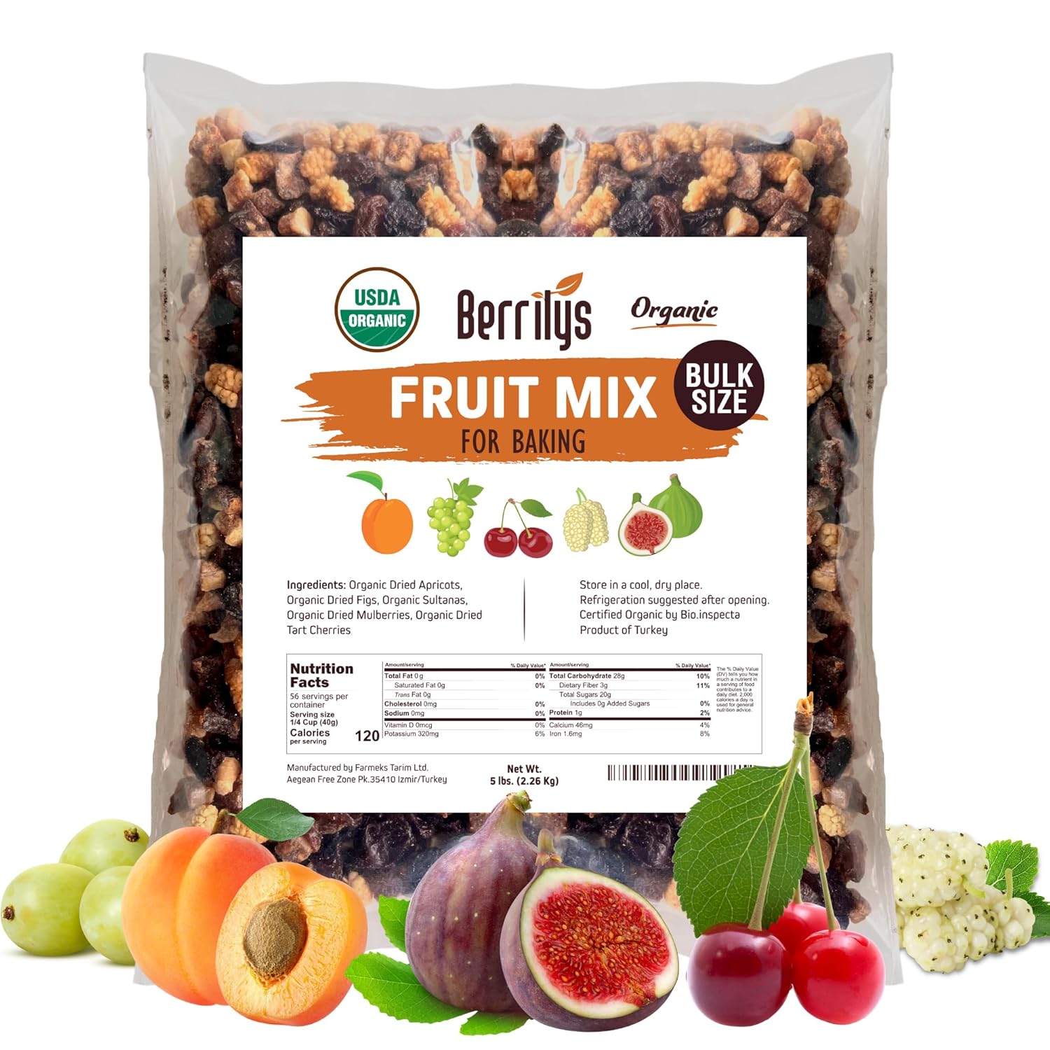 Berrilys Dried Fruit Mix, 2 Lbs, Organic, Diced Figs, Diced Apricots, White Mulberries, Sultanas, Sour Cherries, No Sugar Added, Trail Mix for Baking and Snacking