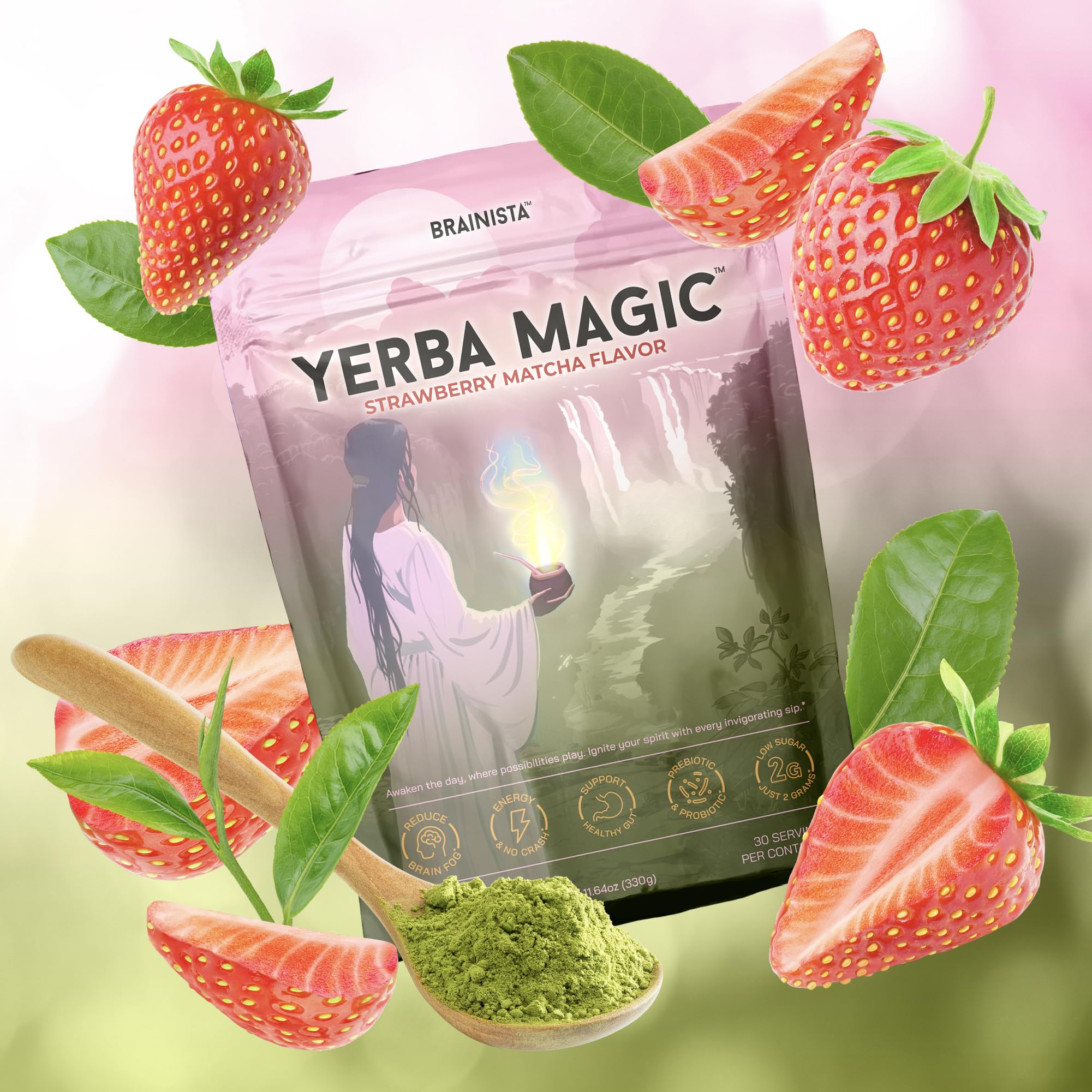 Yerba Magic – Yerba Mate Tea Instant Powder Super Drink with Nootropics, Prebiotics & Probiotics – Clean Energy, Mental Clarity & Gut Wellness | Low Sugar, Natural Caffeine – Peach Mango, 30 Servings