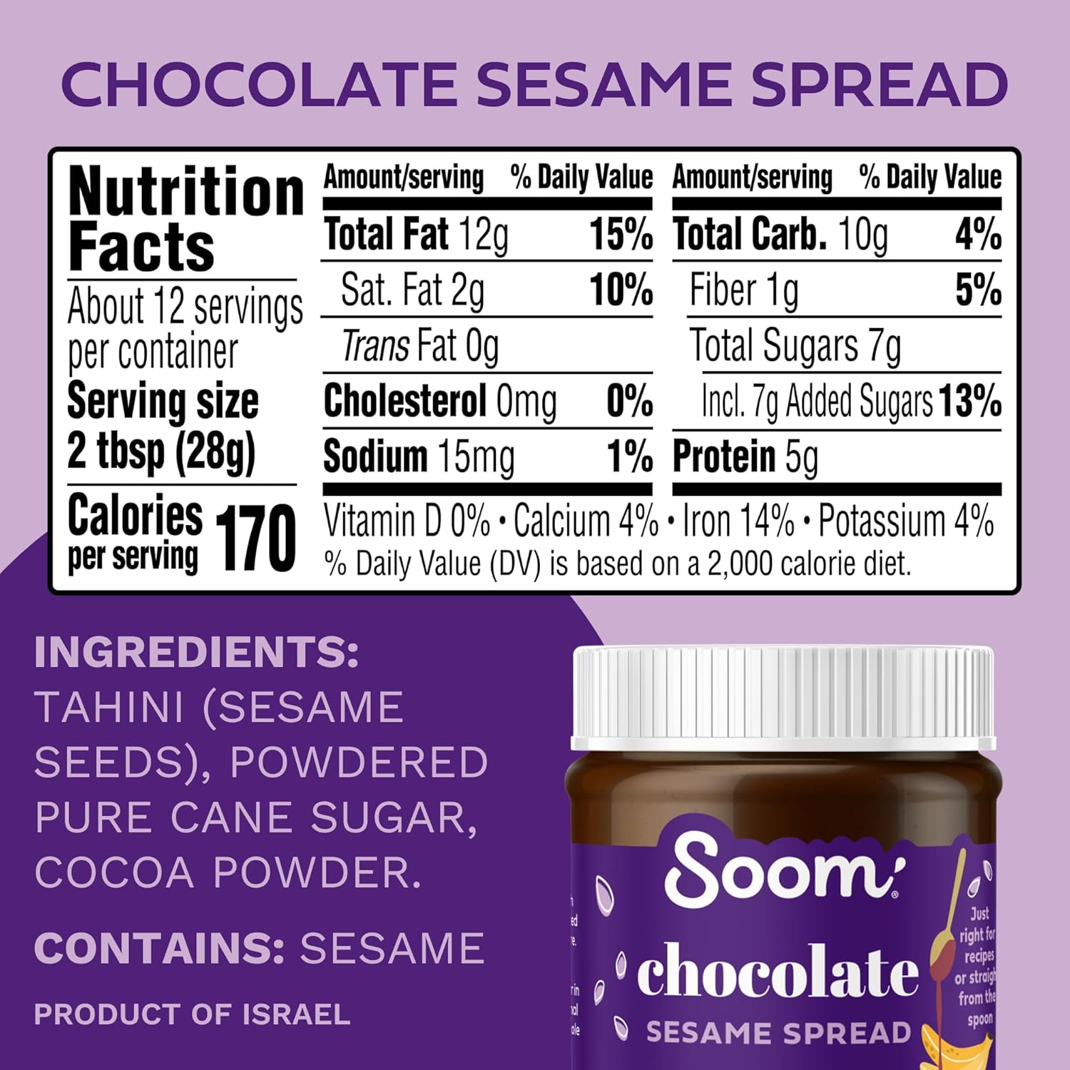 Soom Foods Chocolate Sesame Spread - 12oz (2 Pack) | Made with 3 Ingredients, Low Sugar, Dairy-Free, No Nuts, No Gluten, Palm Oil-Free | 5g Protein | Better for You Chocolate Tahini Spread