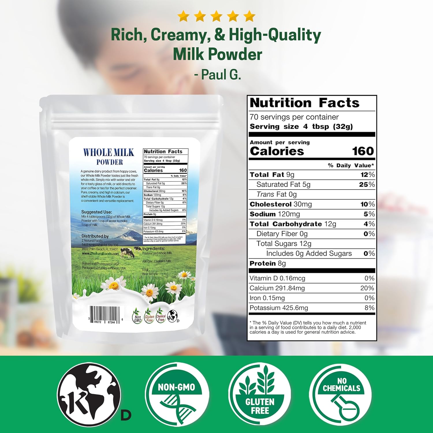 Z Natural Foods Premium Whole Milk Powder - Powdered Milk for Baking, Cooking, Drinks - Dry Milk Powder, Pasteurized, Non-GMO, Gluten-Free, Kosher-Certified, 5 lbs