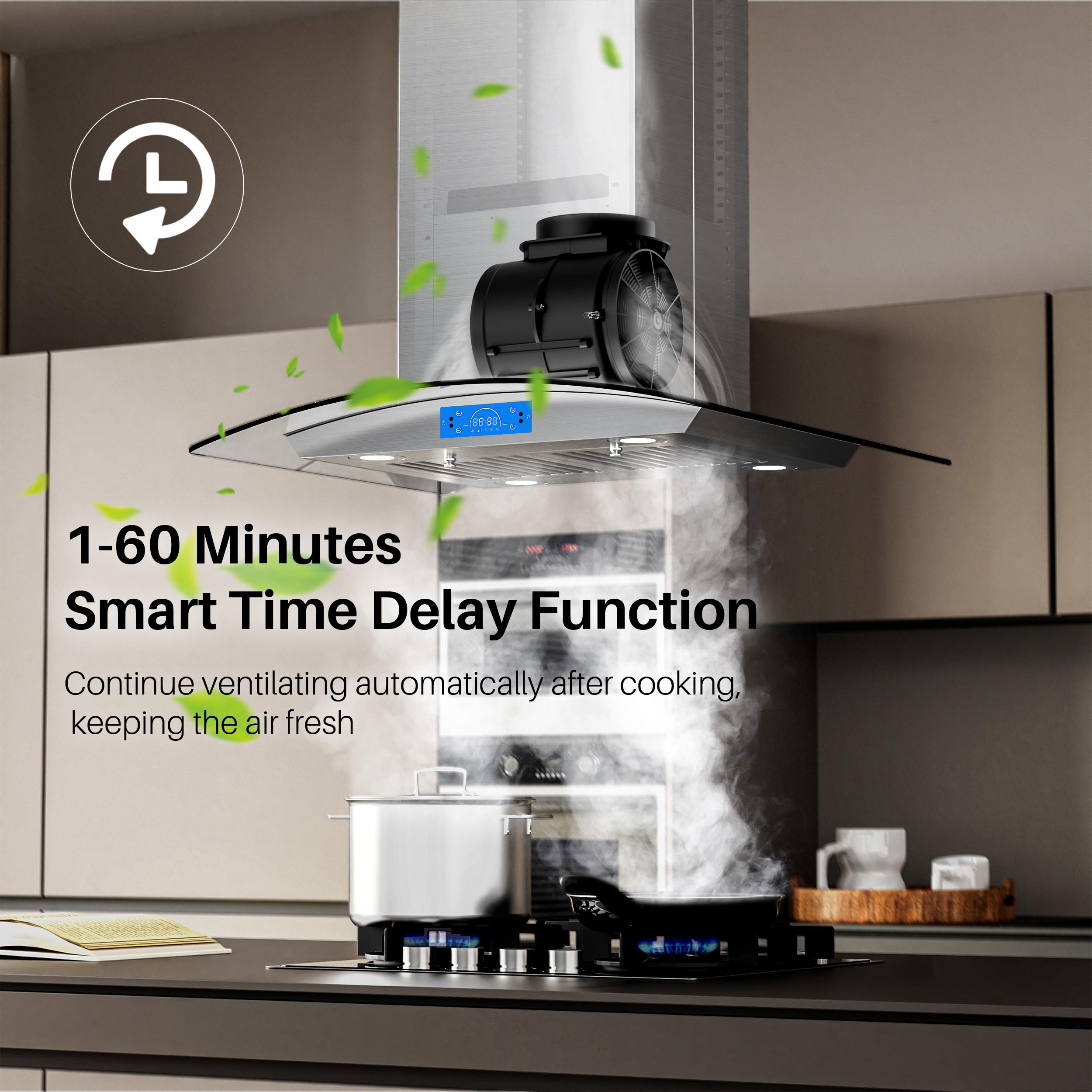 FIREGAS Island Range Hood 30 inch 700 CFM with Chimney, Ceiling Mount Kitchen Vent Hood with Tempered Glass, 4 LED Lights, Permanent Filters, Premium Touch Control Panel, Includes Charcoal Filter