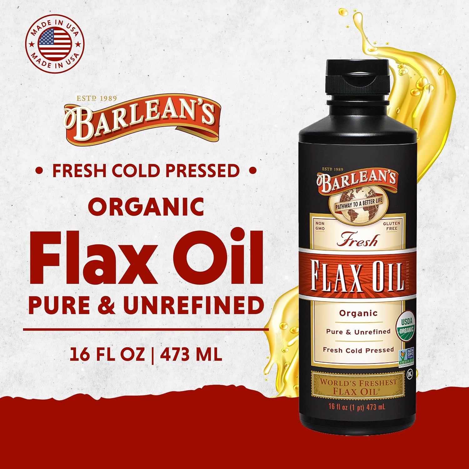 Barlean's Organic Flaxseed Oil Liquid from Fresh Cold Pressed Flax Seeds, 7,640mg ALA Omega 3 Fatty Acid Supplement for Healthy Hair and Skin, Vegan and Gluten Free, 16 oz