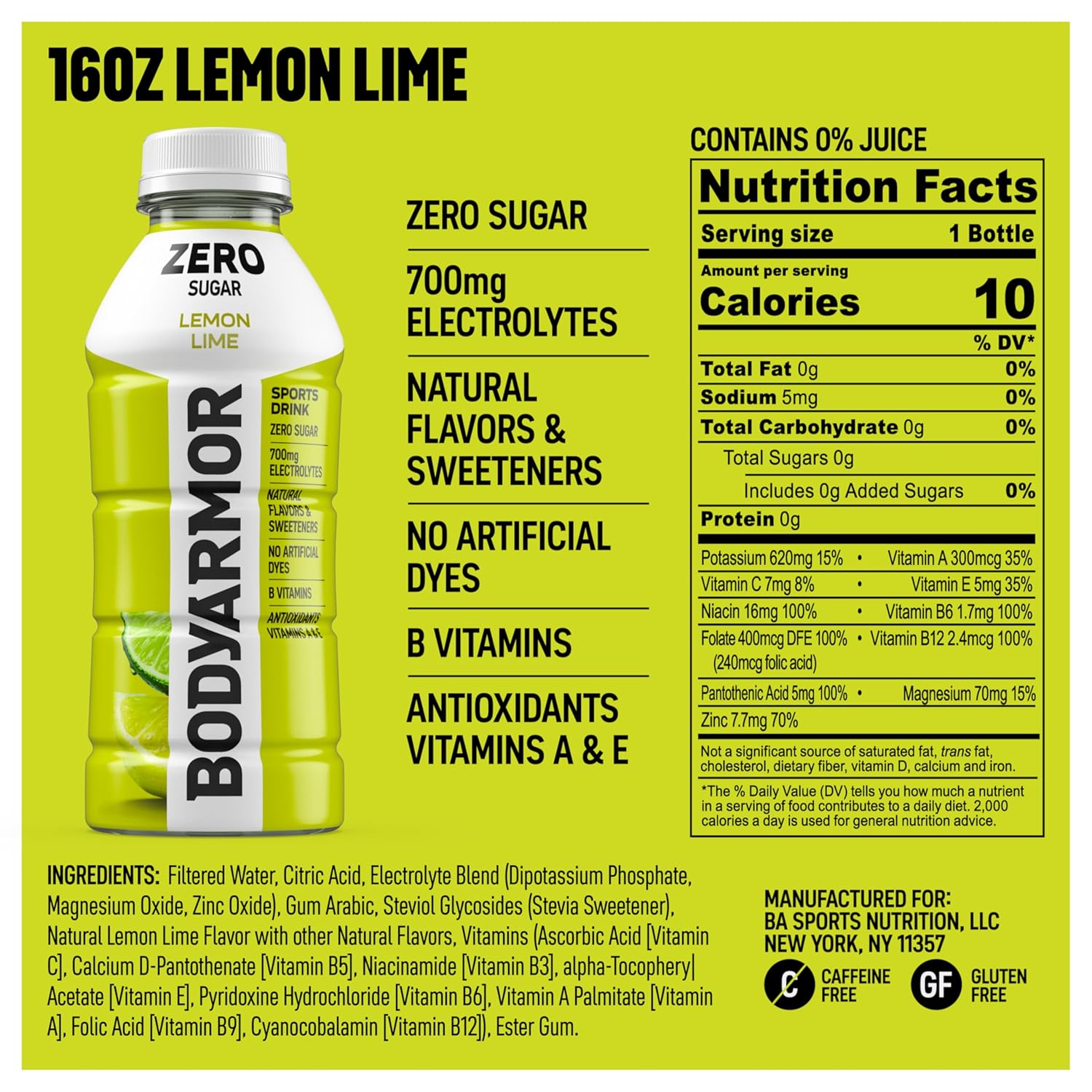 BODYARMOR ZERO Sugar Lemon Lime Electrolyte Drink, Natural Flavors, 16 Fl Oz Bottles (12 Pack), B Vitamins & Antioxidants Sugar Free Hydration
