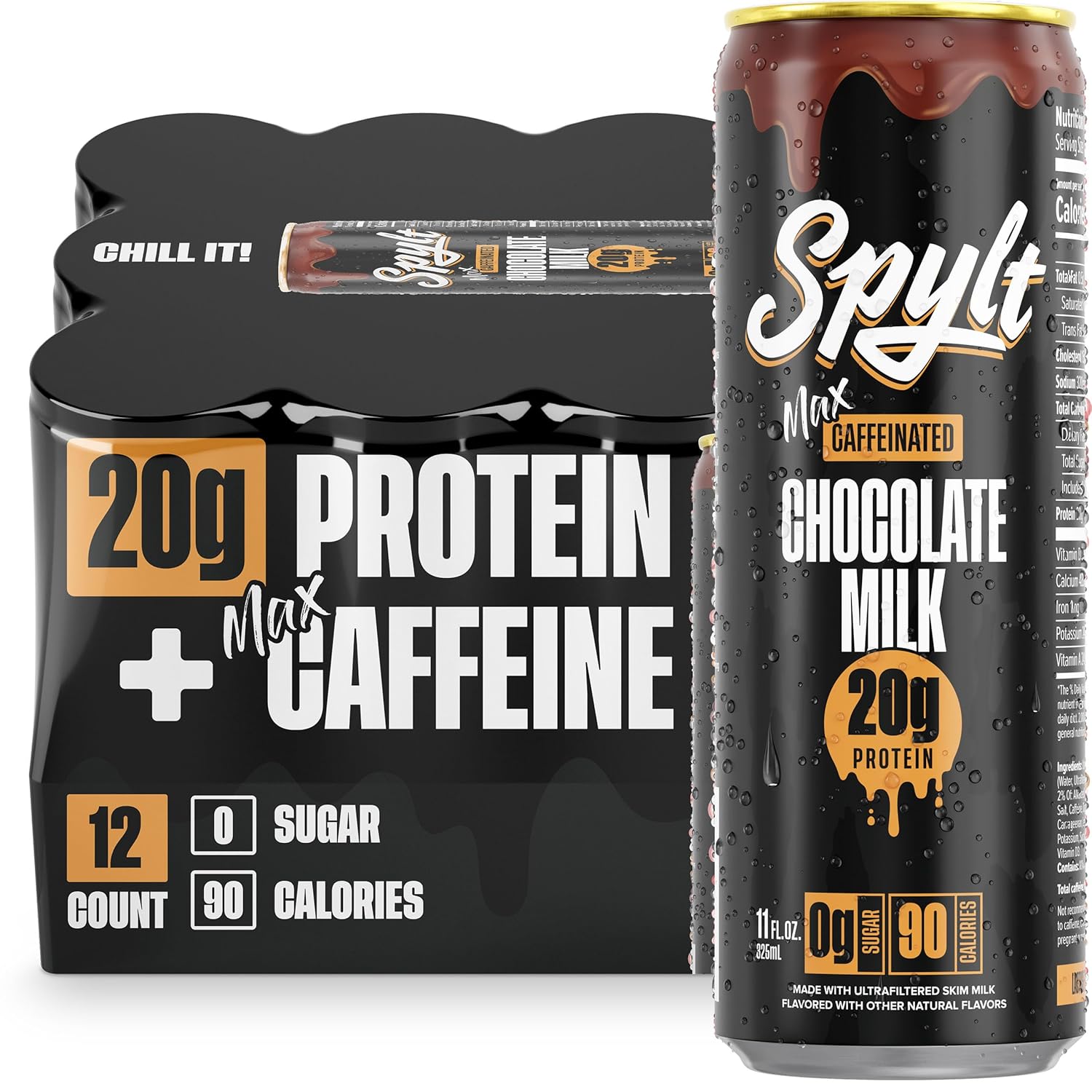 Spylt High Protein Vanilla Milkshake with 60mg Caffeine & 20g Protein - 90 Calories, Ready to Drink, Sugar Free, Lactose Free Milk, Perfect for Workout Recovery & Afternoon Pick Me Up - 12 Count