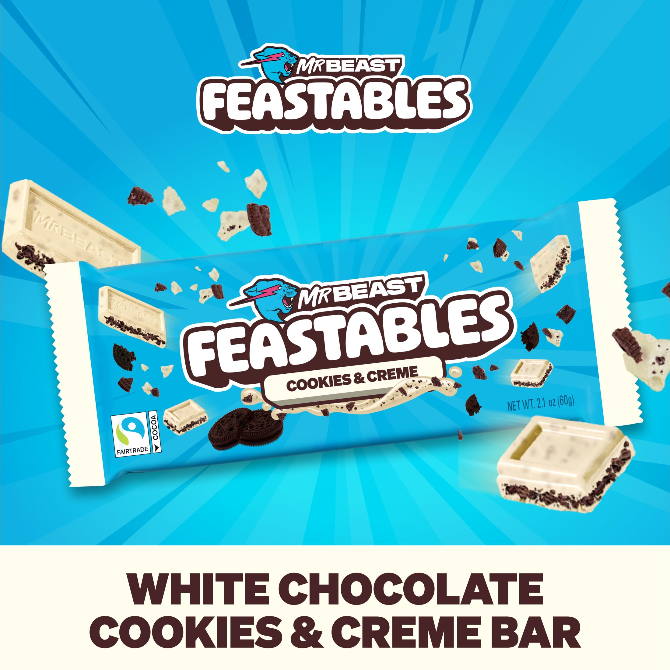 Feastables MrBeast Milk & Cookies Pack, King Size Milk Chocolate & Cookies & Creme Bars, 10 Each, Candy Bars for Adults & Kids as Snacks, Gifts, or Dessert, Fairtrade Cocoa, 2.1 Oz Each, 20 Count