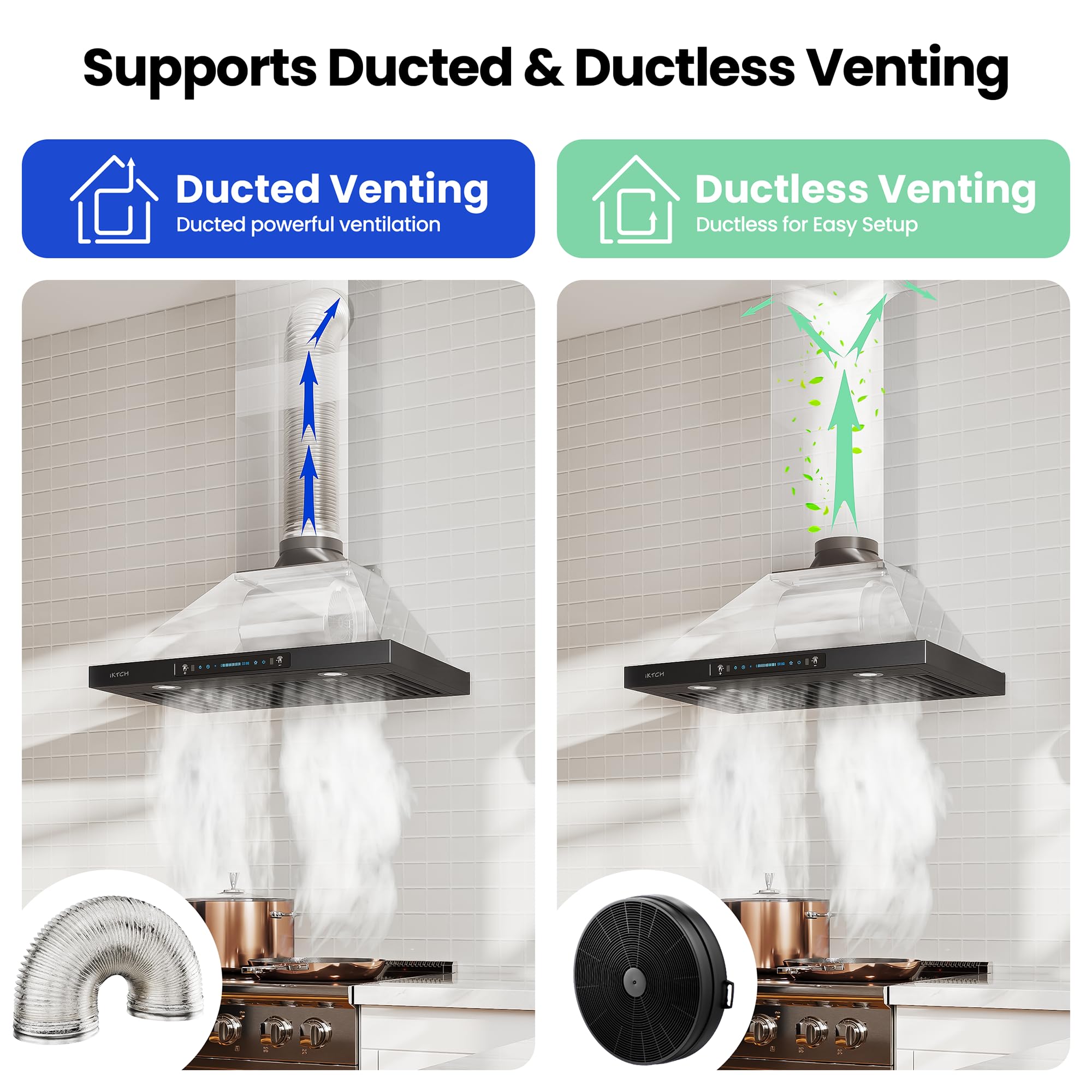 IKTCH 30-inch Wall Mount Range Hood 900 CFM Ducted/Ductless Convertible, Kitchen Chimney Vent Stainless Steel with Gesture Sensing & Touch Control Switch Panel, 2 Pcs Adjustable Lights(IKP02-30'')