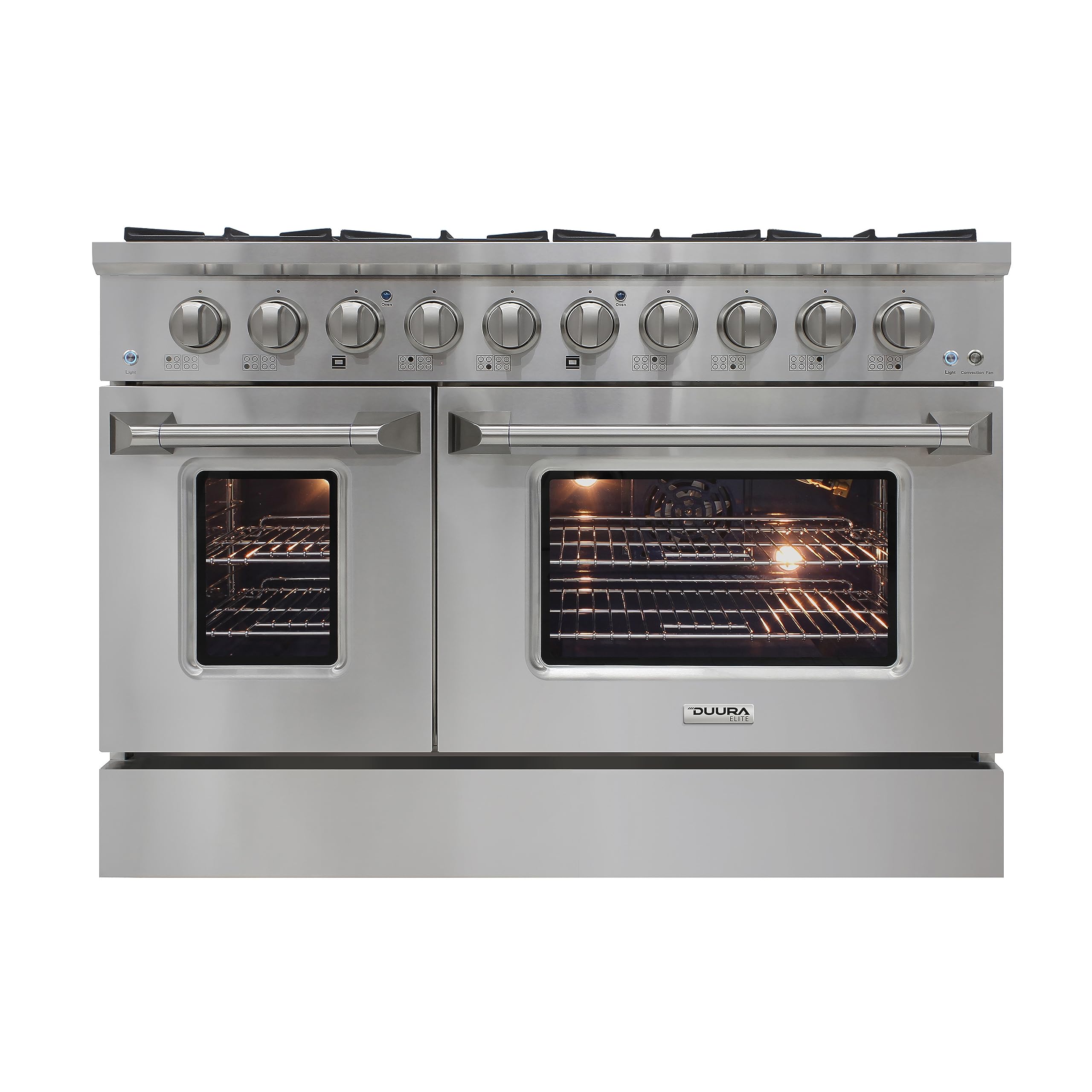DUURA Elite Gas Range Cooktop, 48-Inch with Double Porcelain Convection Oven and Broil Function, 8 Sealed Burners Continuous Grates with Stainless Steel Construction, 6.7-Cu.Ft, Metallic