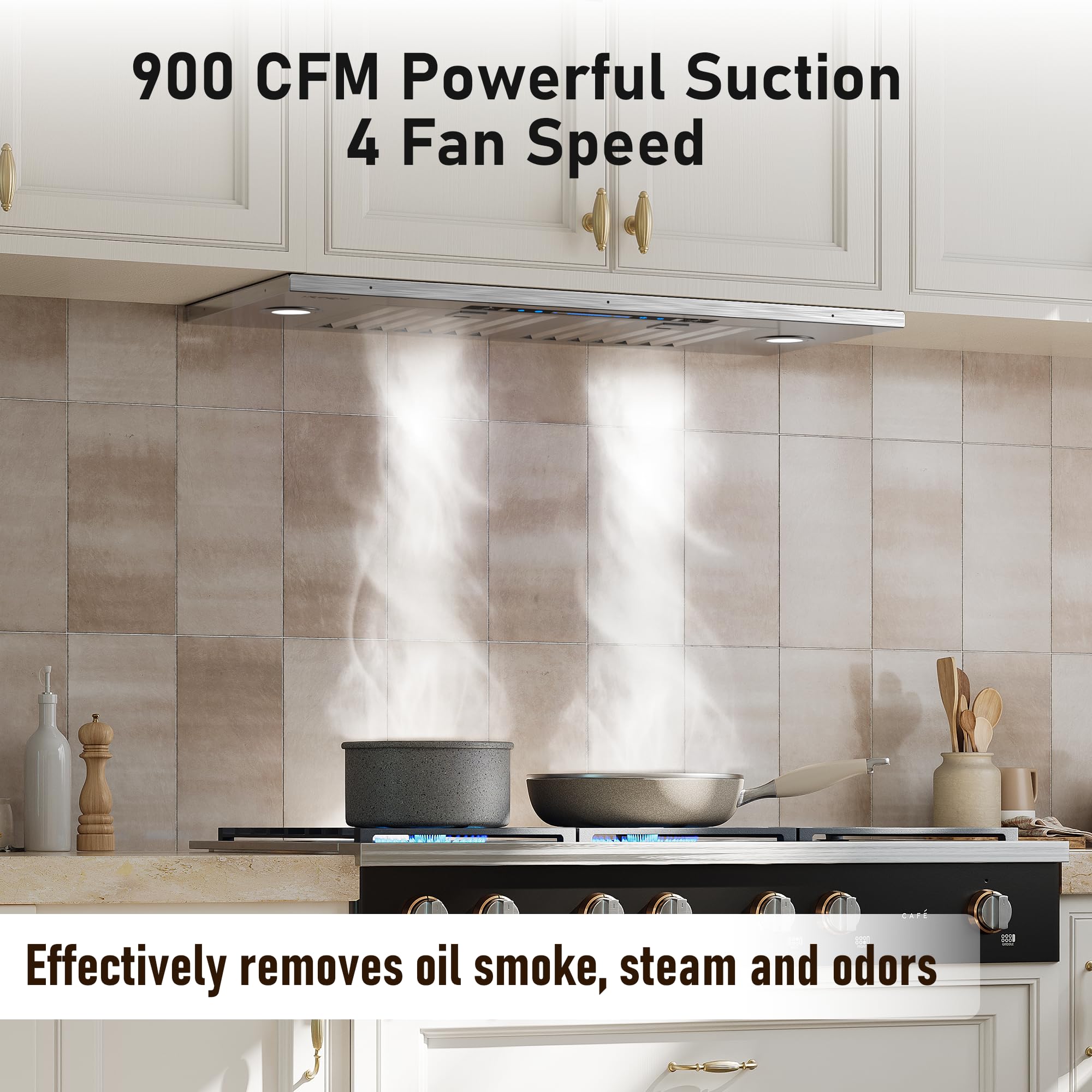 IKTCH 30 inch Built-in/Insert Range Hood 900 CFM, Ducted/Ductless Convertible Duct, Stainless Steel Kitchen Vent Hood with 4 Speed Gesture Sensing&Touch Control Panel(IKB01-30)