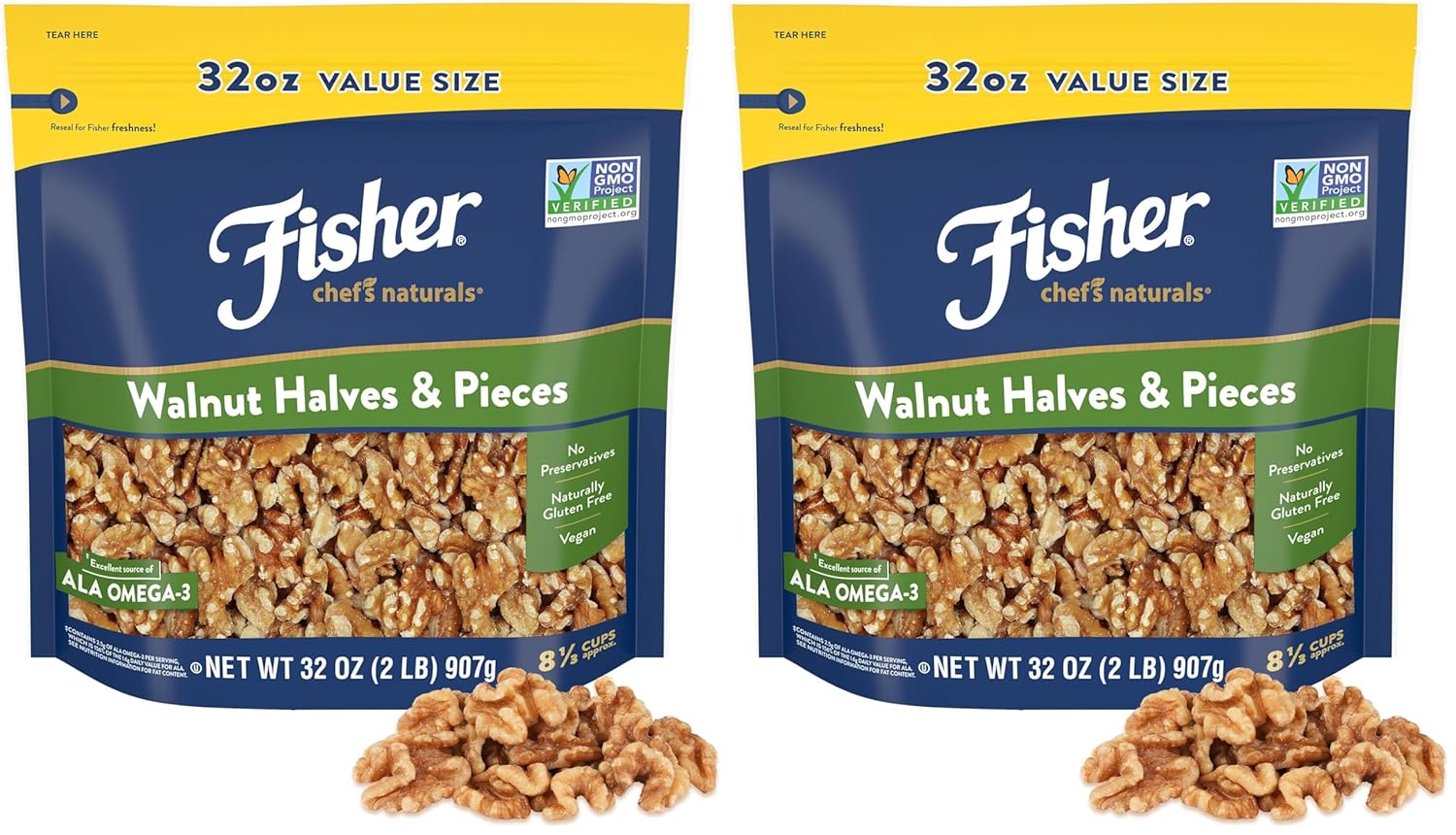 Fisher Chef's Naturals Walnut Halves & Pieces 2 lb, 100% California Unsalted Walnuts for Baking & Cooking, Healthy Snacks for Adults, Resealable Bag, Vegan Protein, Keto Snack, Chopped Nuts, Topping