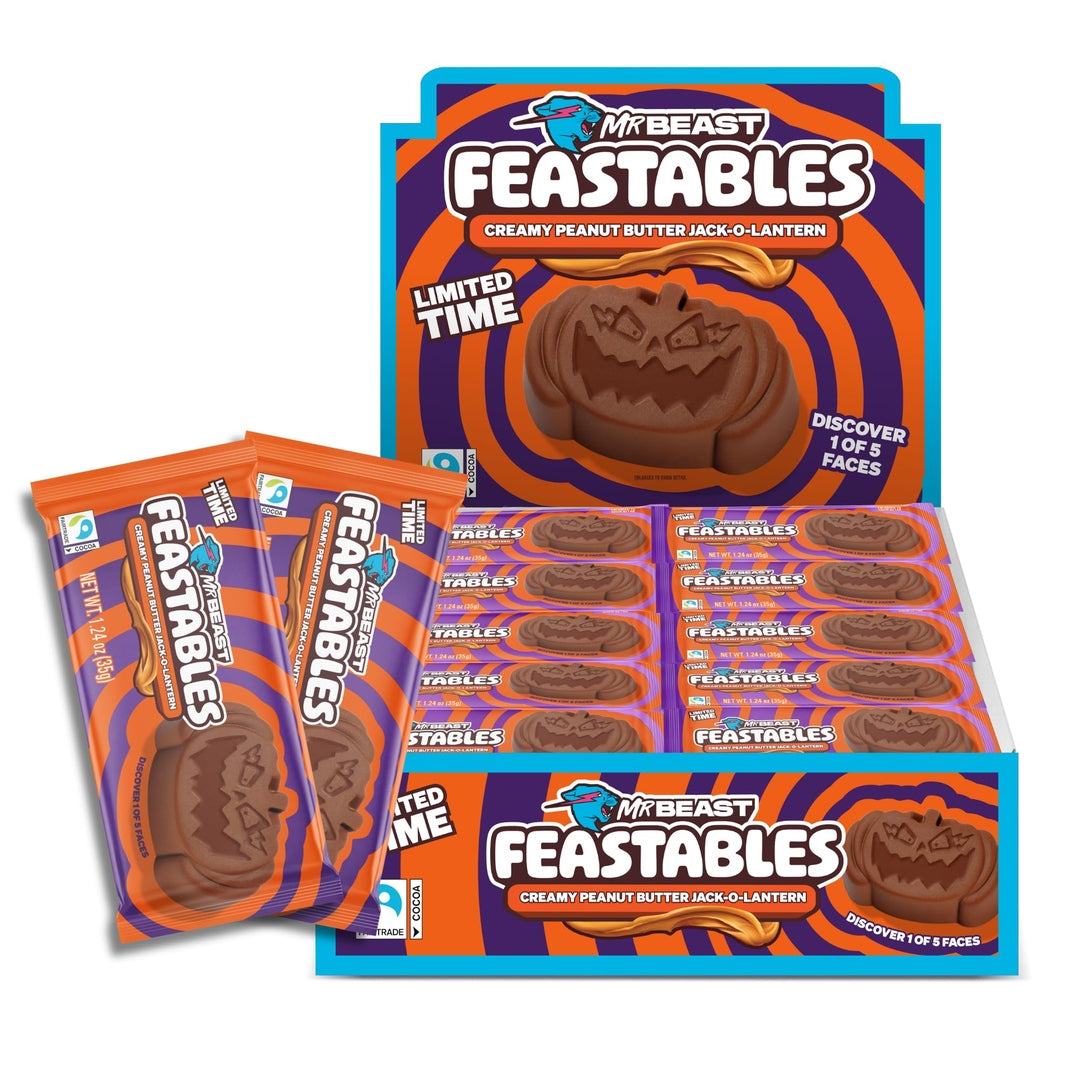 Feastables MrBeast Peanut Butter Jack-O-Lantern, Milk Chocolate & Creamy Peanut Butter Filling, Cups for Adults & Kids, Chocolate Candy for Halloween Snacks, Made With Fairtrade Cocoa, 30 Count
