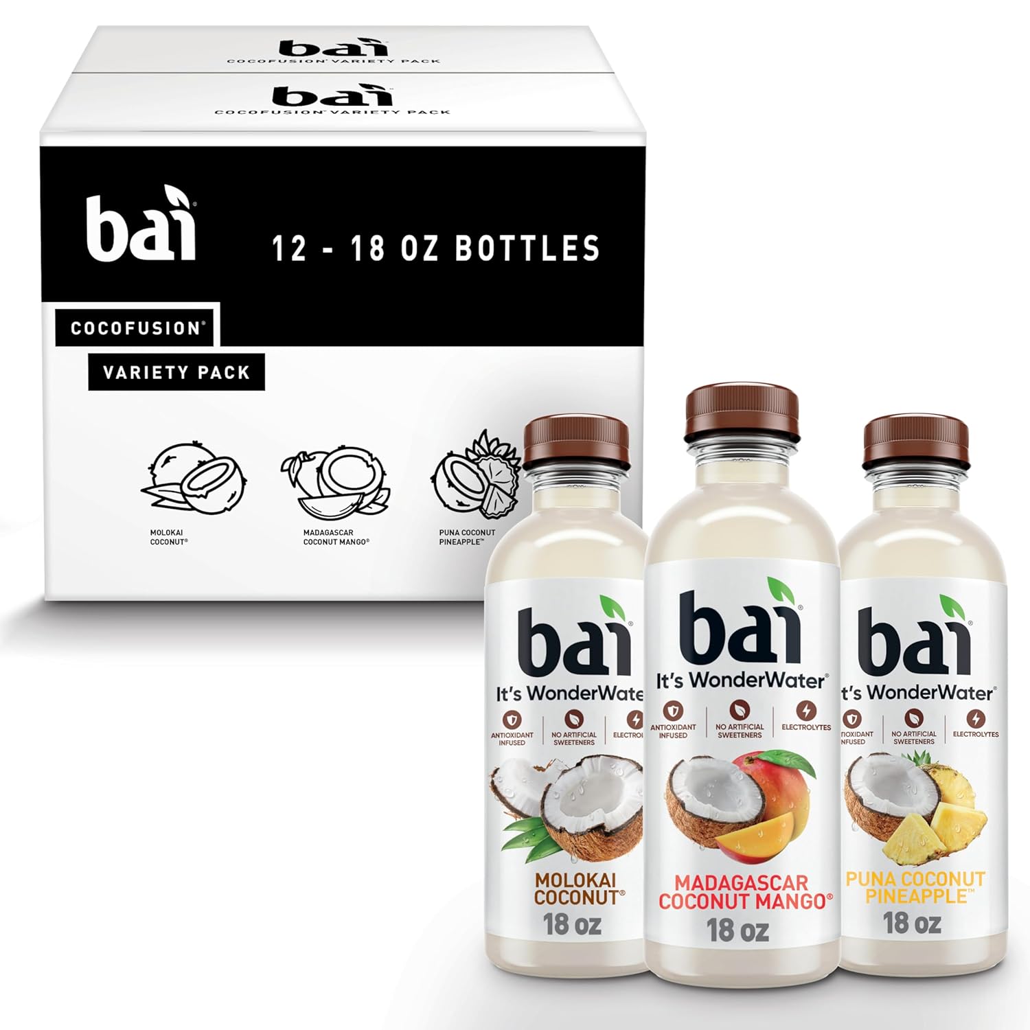 Bai Antioxidant Infused Water Beverage, Molokai Coconut, with Vitamin C and No Artificial Sweeteners, 18 Fluid Ounce Bottle, 12 Pack
