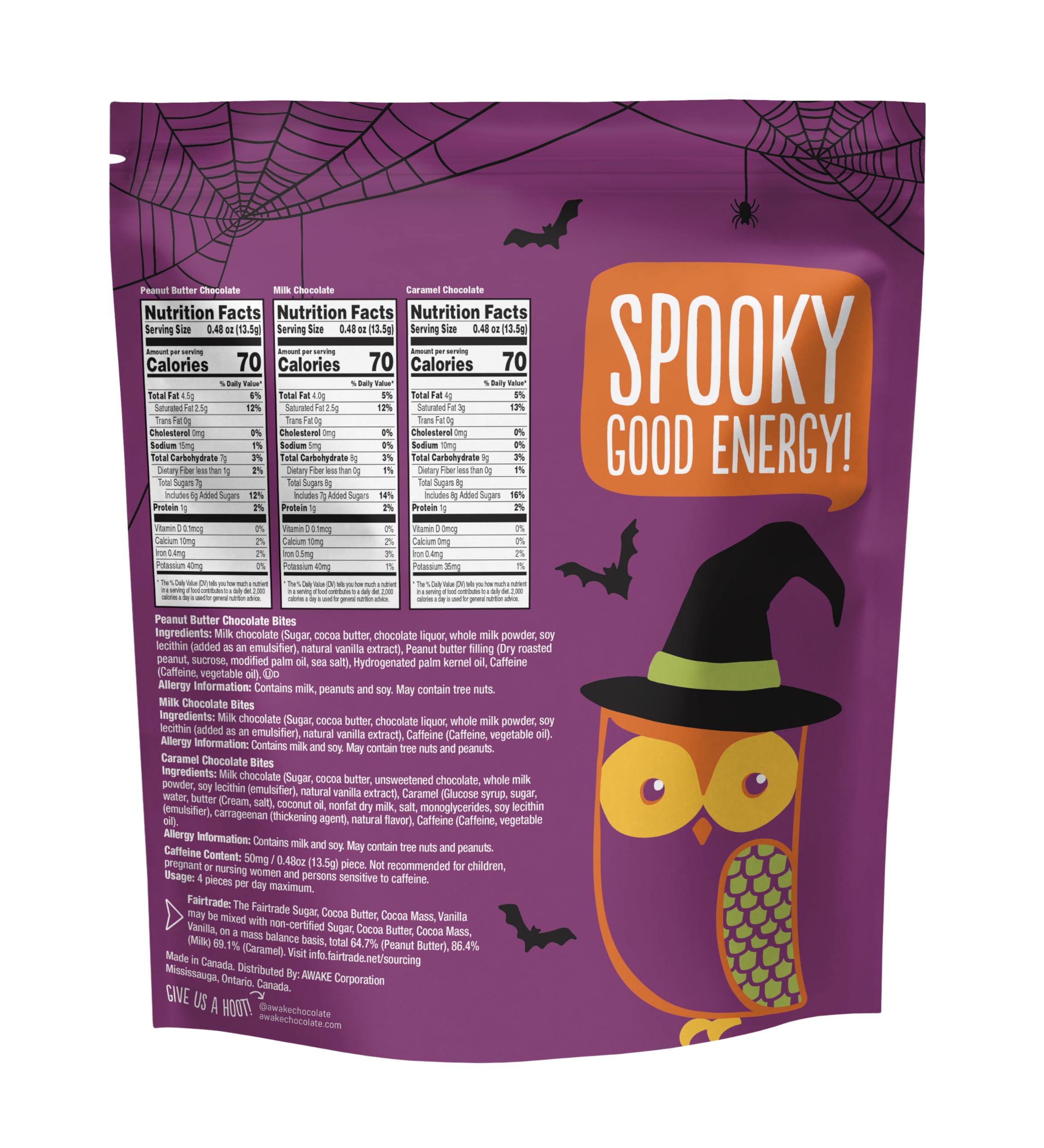 AWAKE - Caffeinated Chocolate Bites - Caramel Milk Chocolate, 50 Bites - 50mg Caffeine - Individually Wrapped Energy Bites - Coffee Alternative - Fairtrade, Gluten Free, Non GMO - 0.48oz