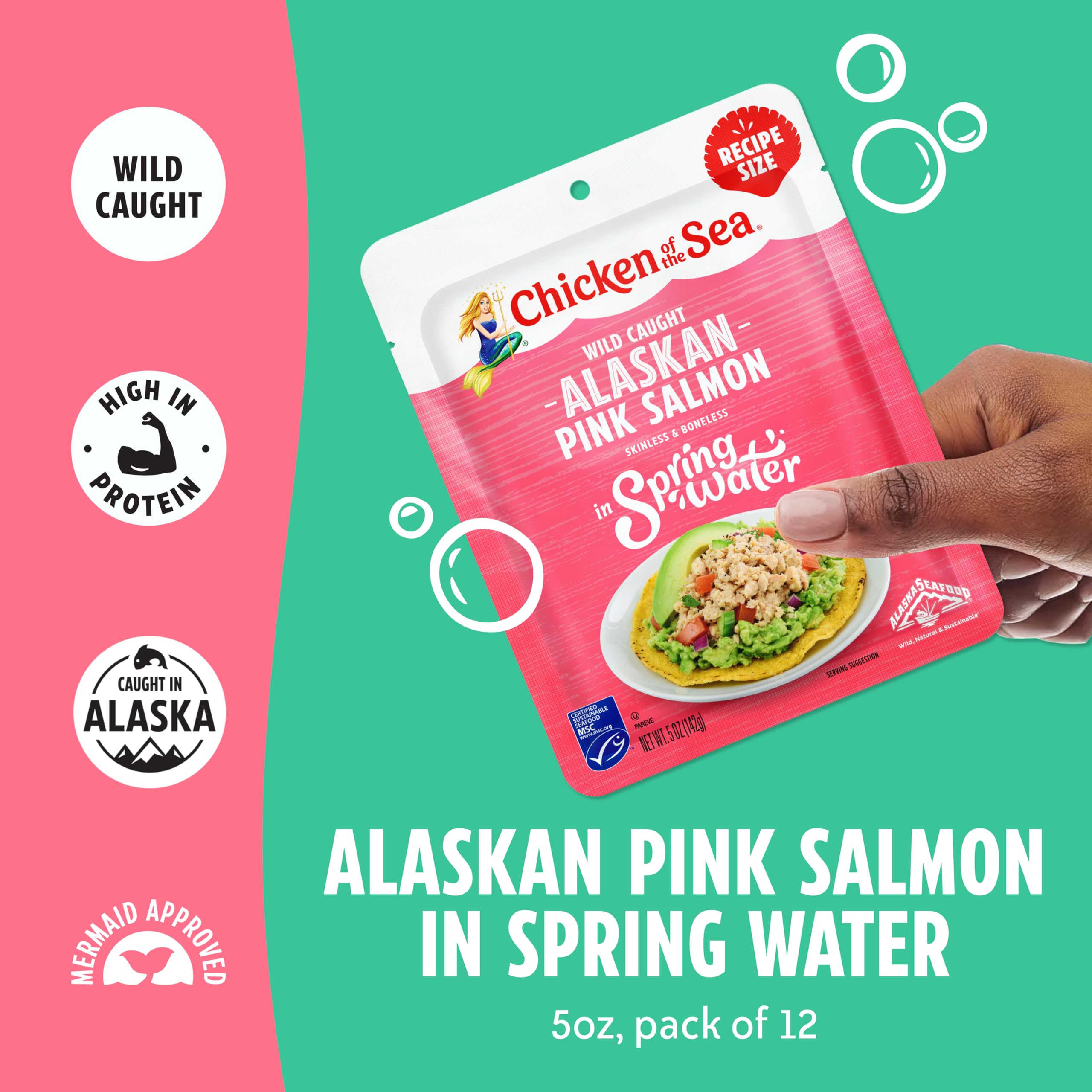 Chicken of the Sea Alaskan Pink Salmon in Spring Water, 2.5 Ounce Packets (Box of 12), Wild Caught, Skinless & Boneless