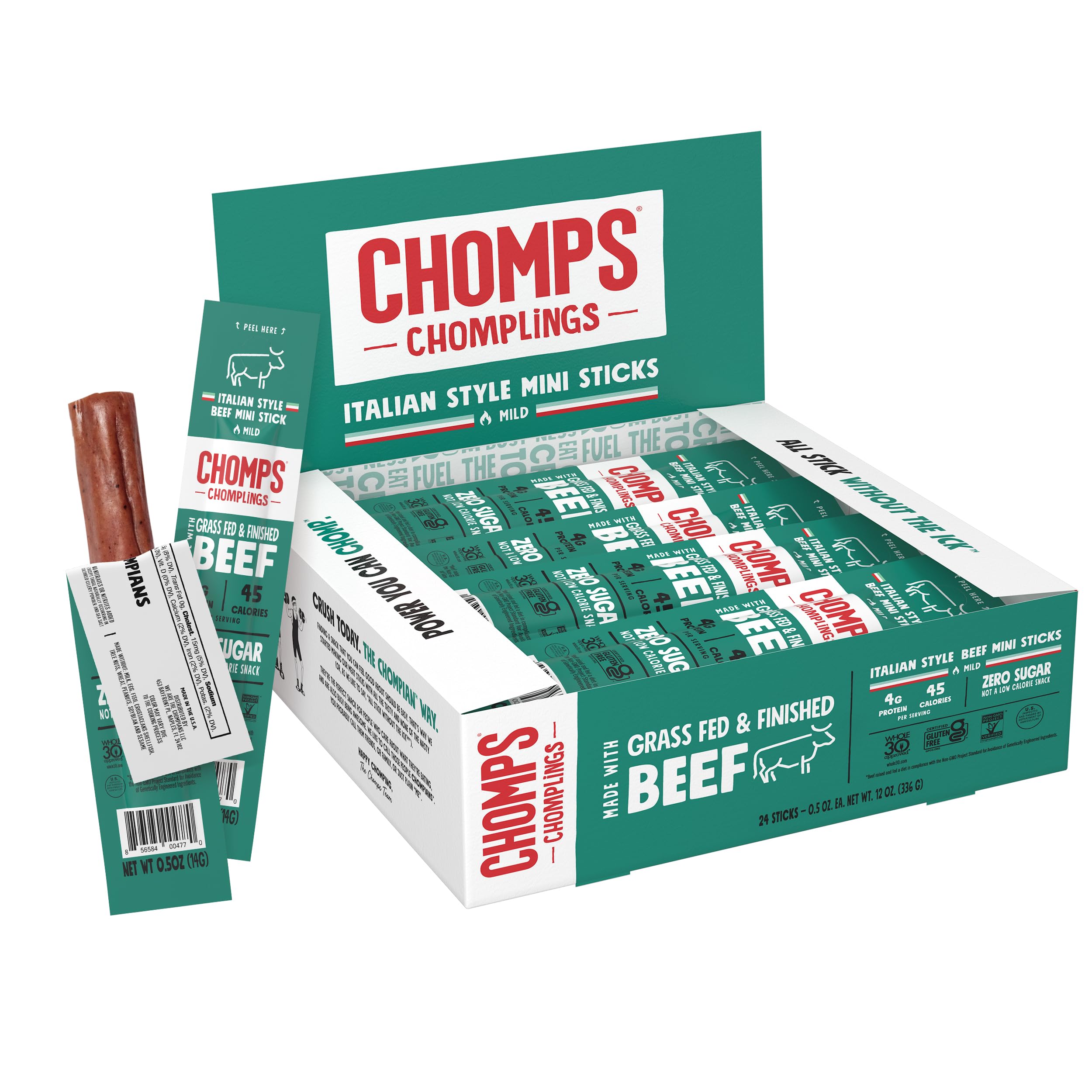 Chomps Snack Size Grass-Fed Original Beef Jerky Snack Sticks 0.5oz 24-Pack - Keto, Paleo, Whole30, 4g Lean Meat Protein, Gluten-Free, Zero Sugar Food, Non-GMO Chomplings