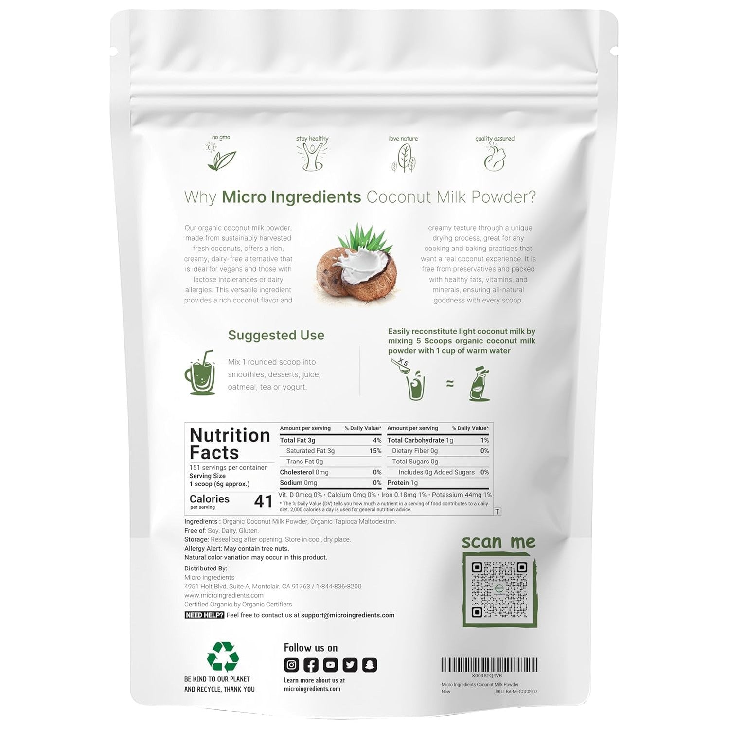 Micro Ingredients Organic Coconut Milk Powder, 2 Lb | Plant-Based Creamer for Coffee, Tea & Smoothies | Pure & Rich in MCT | Non-GMO, Gluten-Free, Keto & Paleo Friendly