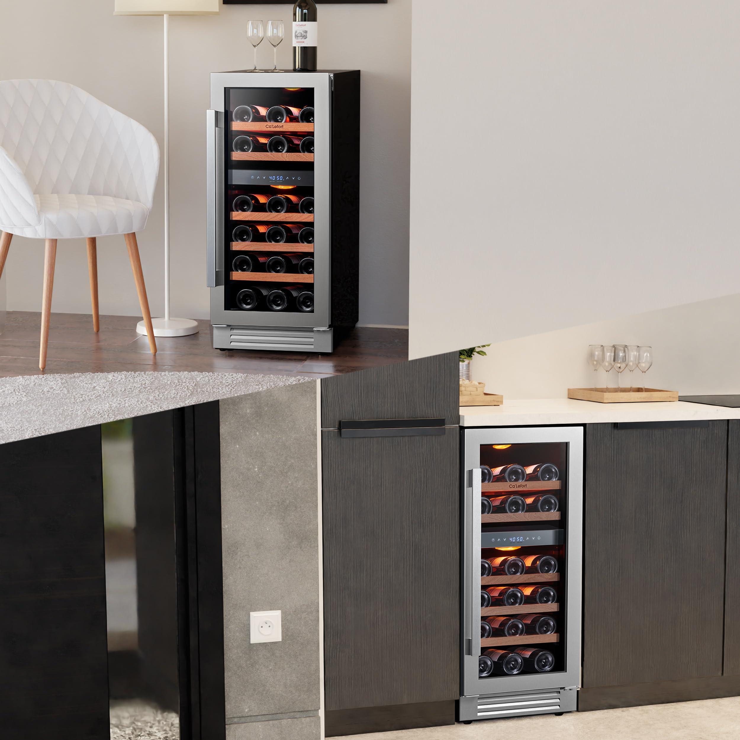 Ca'Lefort 15 Inch Wine Fridge, 33 Bottle Wine Cooler Refrigerator, 40-65°F Wine Refrigerator Glass Door, 3 LED Wine Fridge, Built-in or Freestanding Fridge for Home/Bar/Kitchen (3.0 cu.ft)